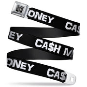 BD Wings Logo CLOSE-UP Full Color Black Silver Seatbelt Belt - CA$H MONEY Black/White Webbing Seatbelt Belts Buckle-Down
