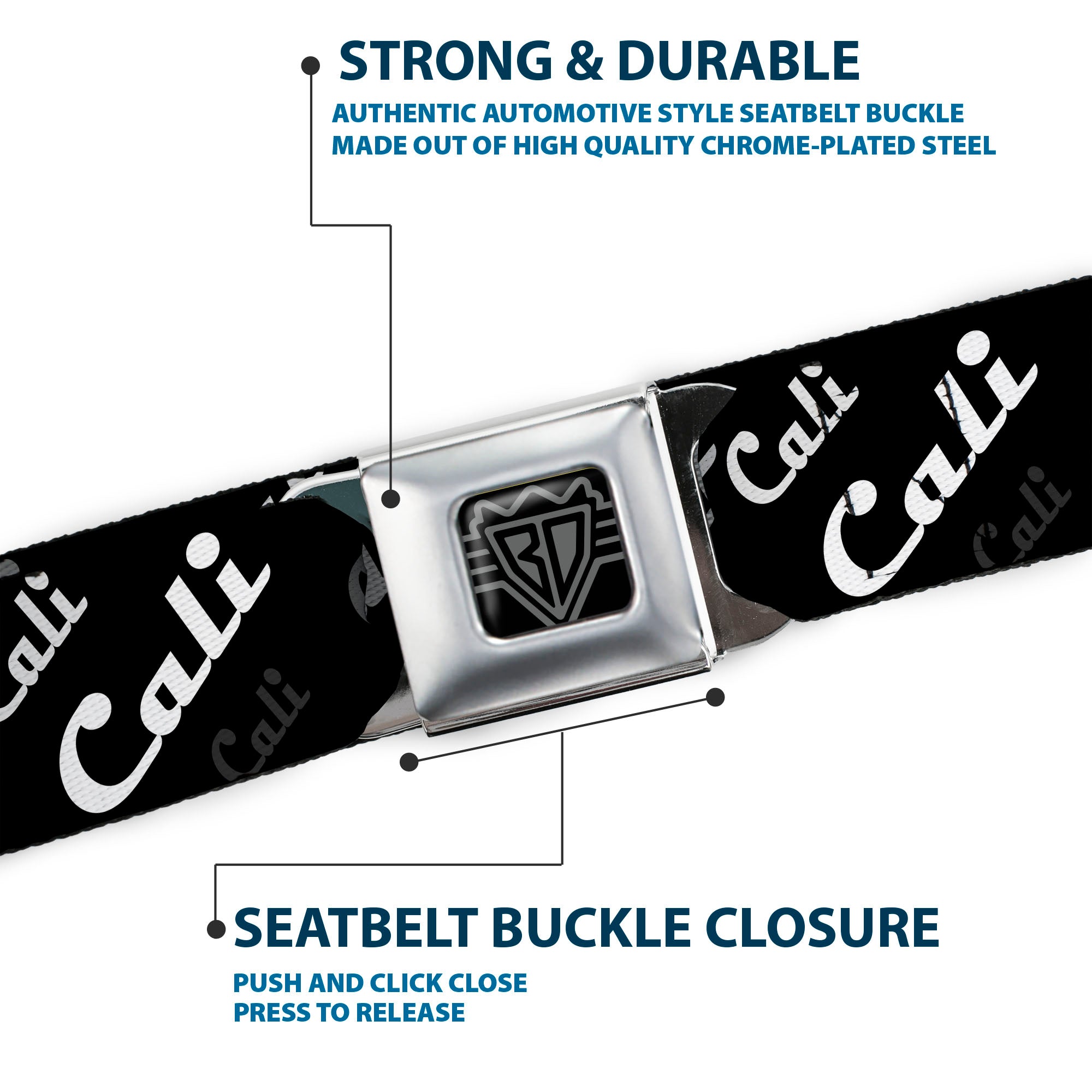BD Wings Logo CLOSE-UP Full Color Black Silver Seatbelt Belt - CALI Fade Diagonal Black/Gray/White Webbing Seatbelt Belts Buckle-Down
