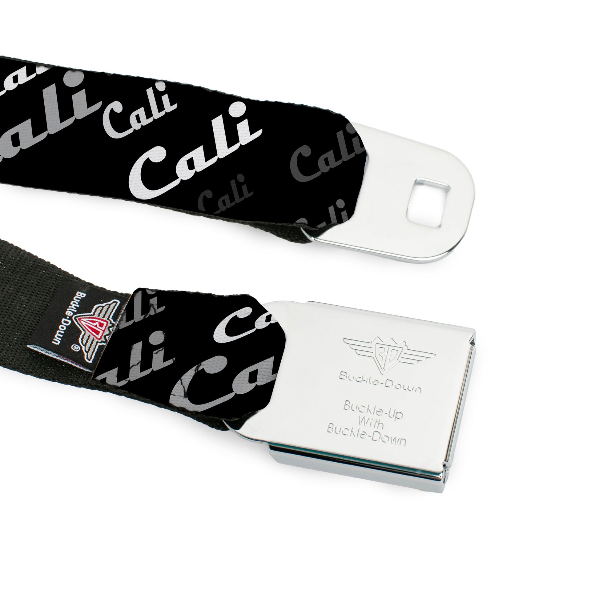 BD Wings Logo CLOSE-UP Full Color Black Silver Seatbelt Belt - CALI Fade Diagonal Black/Gray/White Webbing Seatbelt Belts Buckle-Down