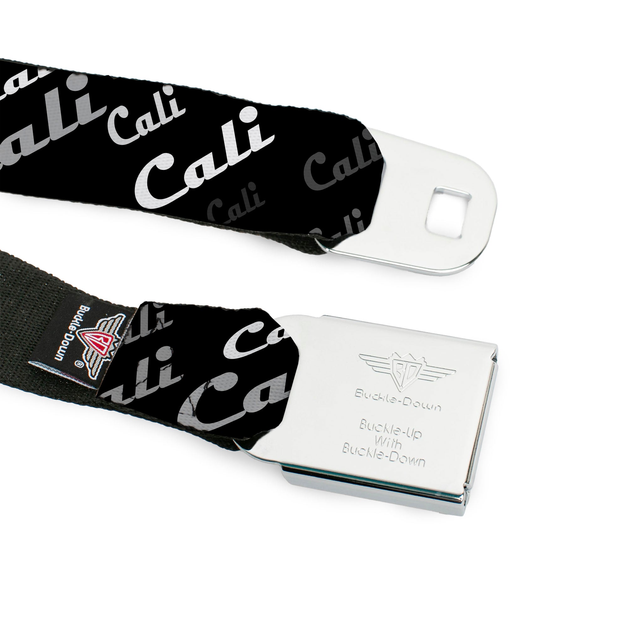 BD Wings Logo CLOSE-UP Full Color Black Silver Seatbelt Belt - CALI Fade Diagonal Black/Gray/White Webbing Seatbelt Belts Buckle-Down