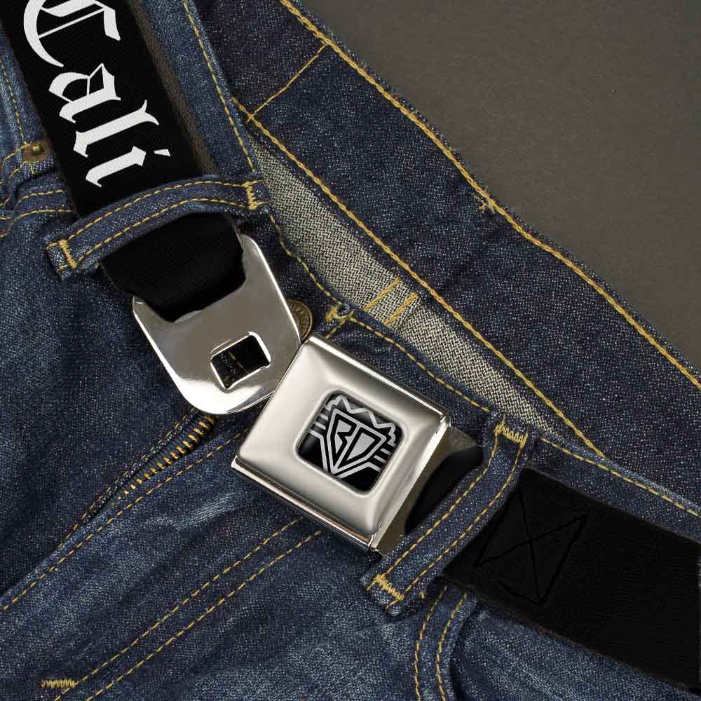 BD Wings Logo CLOSE-UP Full Color Black Silver Seatbelt Belt - CALI Old English Black/White Webbing Seatbelt Belts Buckle-Down