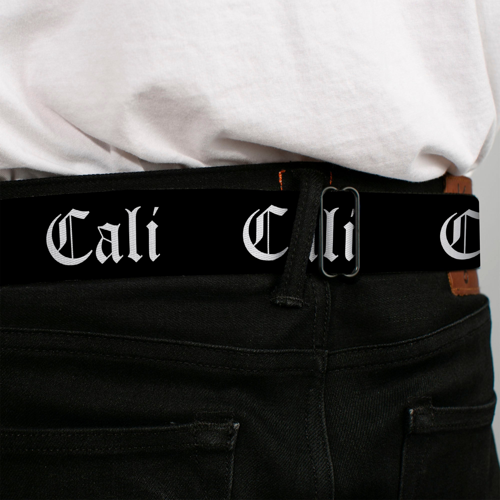 BD Wings Logo CLOSE-UP Full Color Black Silver Seatbelt Belt - CALI Old English Black/White Webbing Seatbelt Belts Buckle-Down