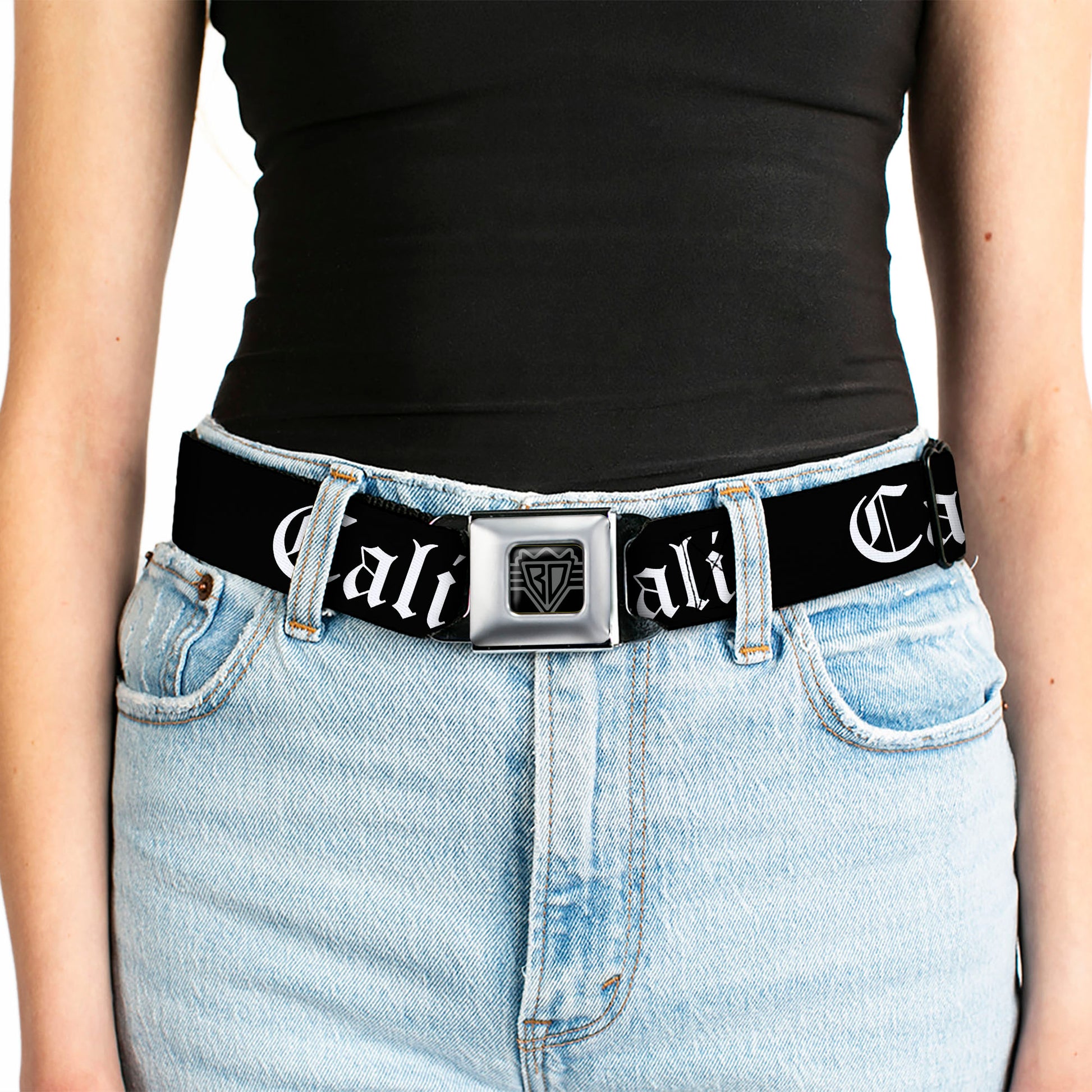 BD Wings Logo CLOSE-UP Full Color Black Silver Seatbelt Belt - CALI Old English Black/White Webbing Seatbelt Belts Buckle-Down