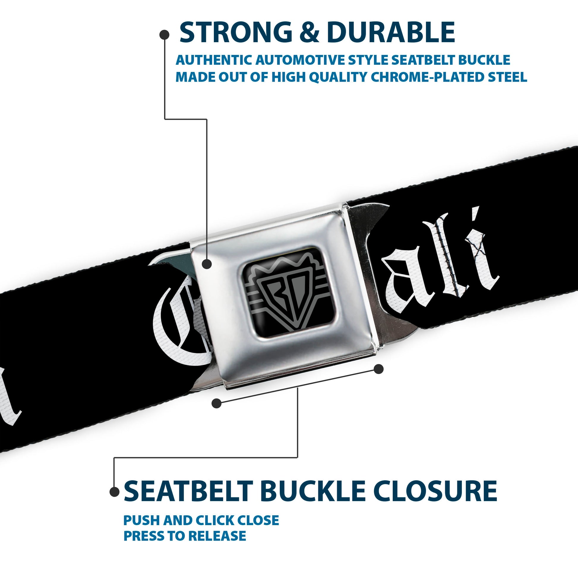 BD Wings Logo CLOSE-UP Full Color Black Silver Seatbelt Belt - CALI Old English Black/White Webbing Seatbelt Belts Buckle-Down