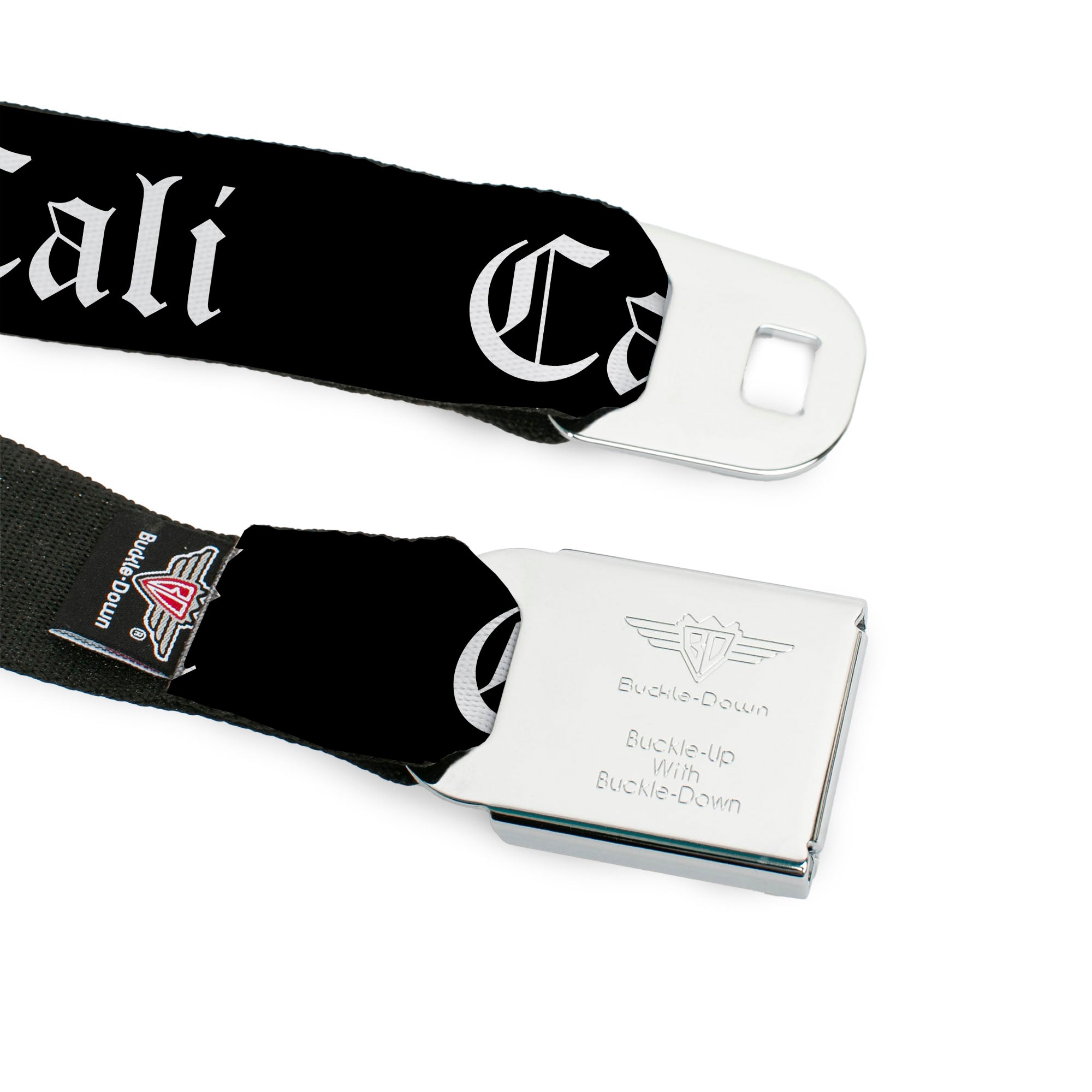 BD Wings Logo CLOSE-UP Full Color Black Silver Seatbelt Belt - CALI Old English Black/White Webbing Seatbelt Belts Buckle-Down