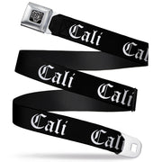 BD Wings Logo CLOSE-UP Full Color Black Silver Seatbelt Belt - CALI Old English Black/White Webbing Seatbelt Belts Buckle-Down