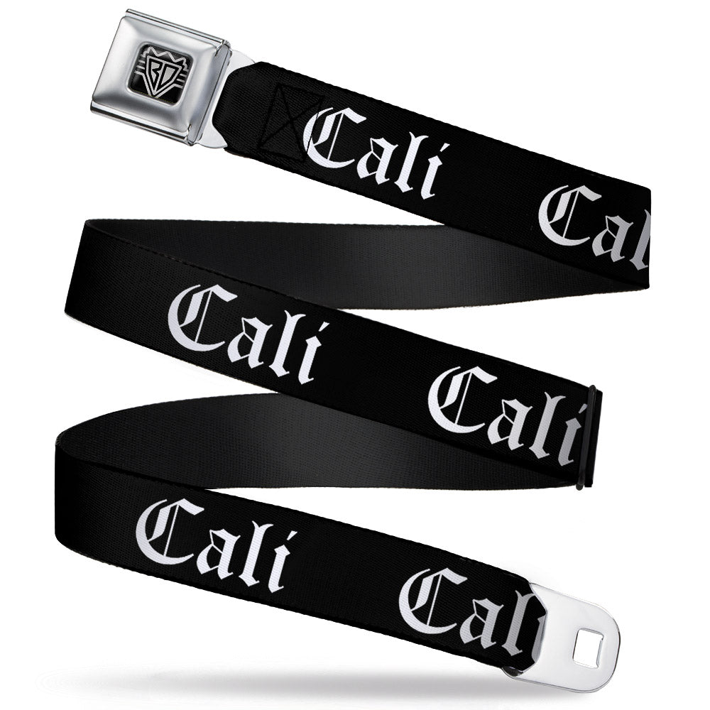 BD Wings Logo CLOSE-UP Full Color Black Silver Seatbelt Belt - CALI Old English Black/White Webbing Seatbelt Belts Buckle-Down