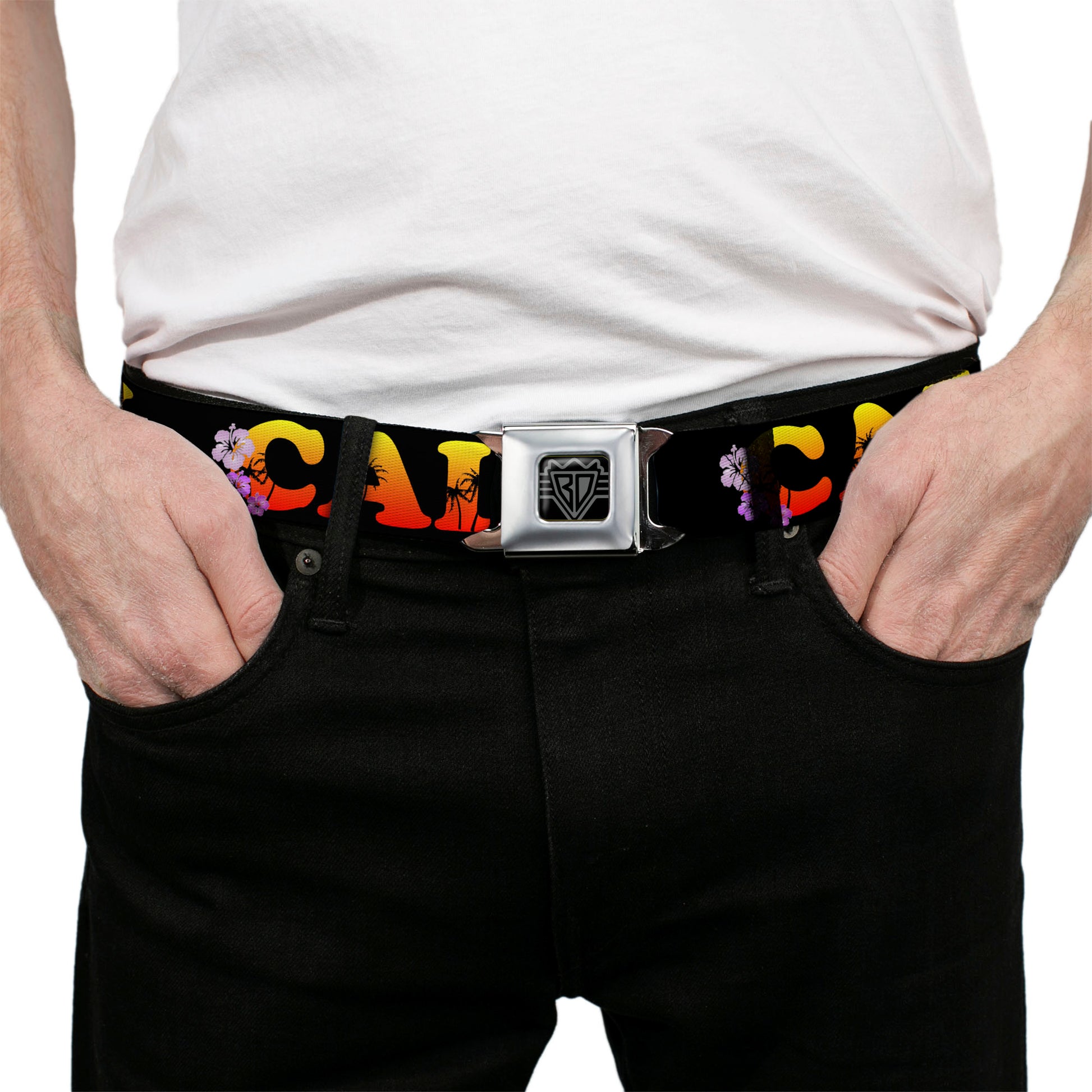 BD Wings Logo CLOSE-UP Full Color Black Silver Seatbelt Belt - CALI Tropical Black/Multi Color Webbing Seatbelt Belts Buckle-Down