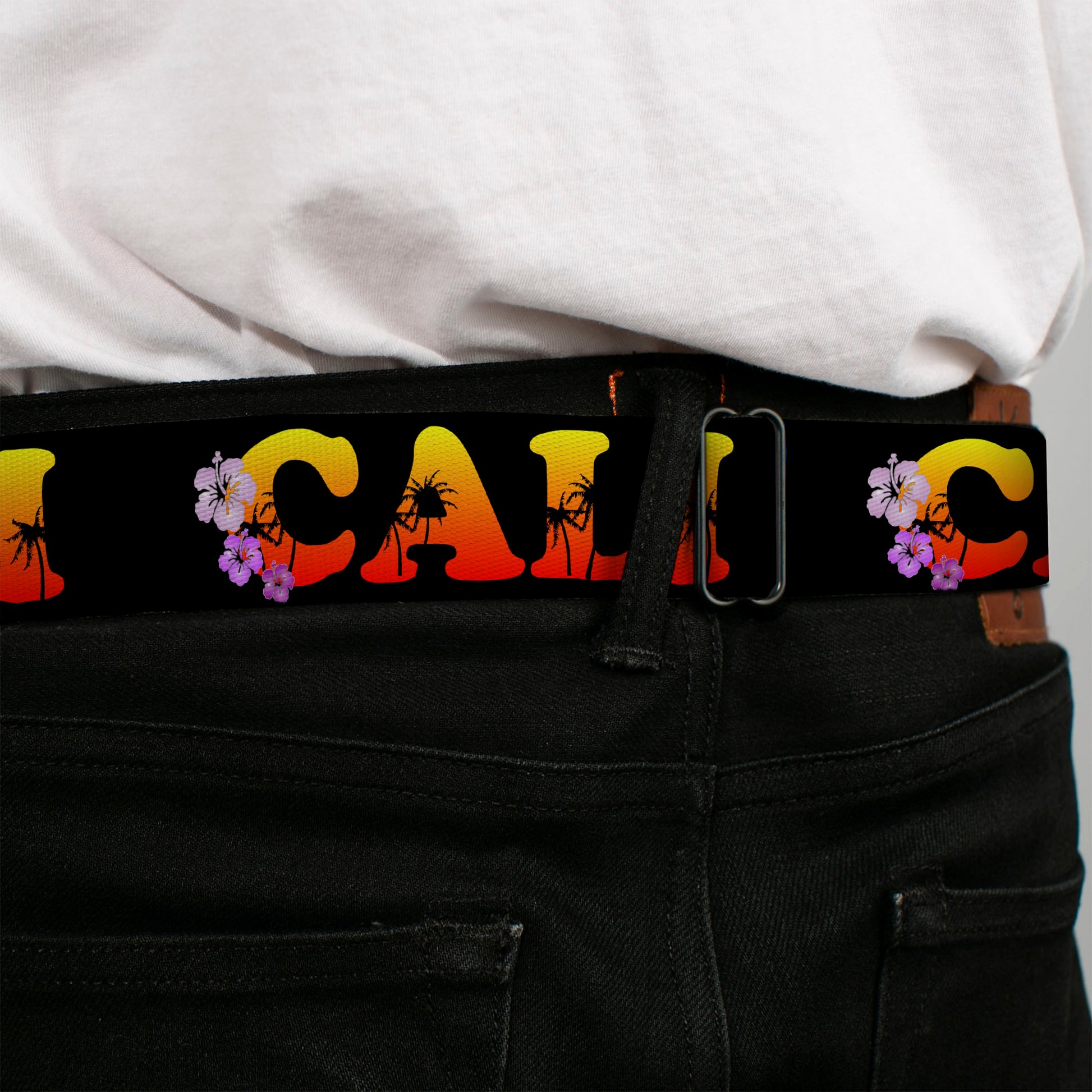 BD Wings Logo CLOSE-UP Full Color Black Silver Seatbelt Belt - CALI Tropical Black/Multi Color Webbing Seatbelt Belts Buckle-Down