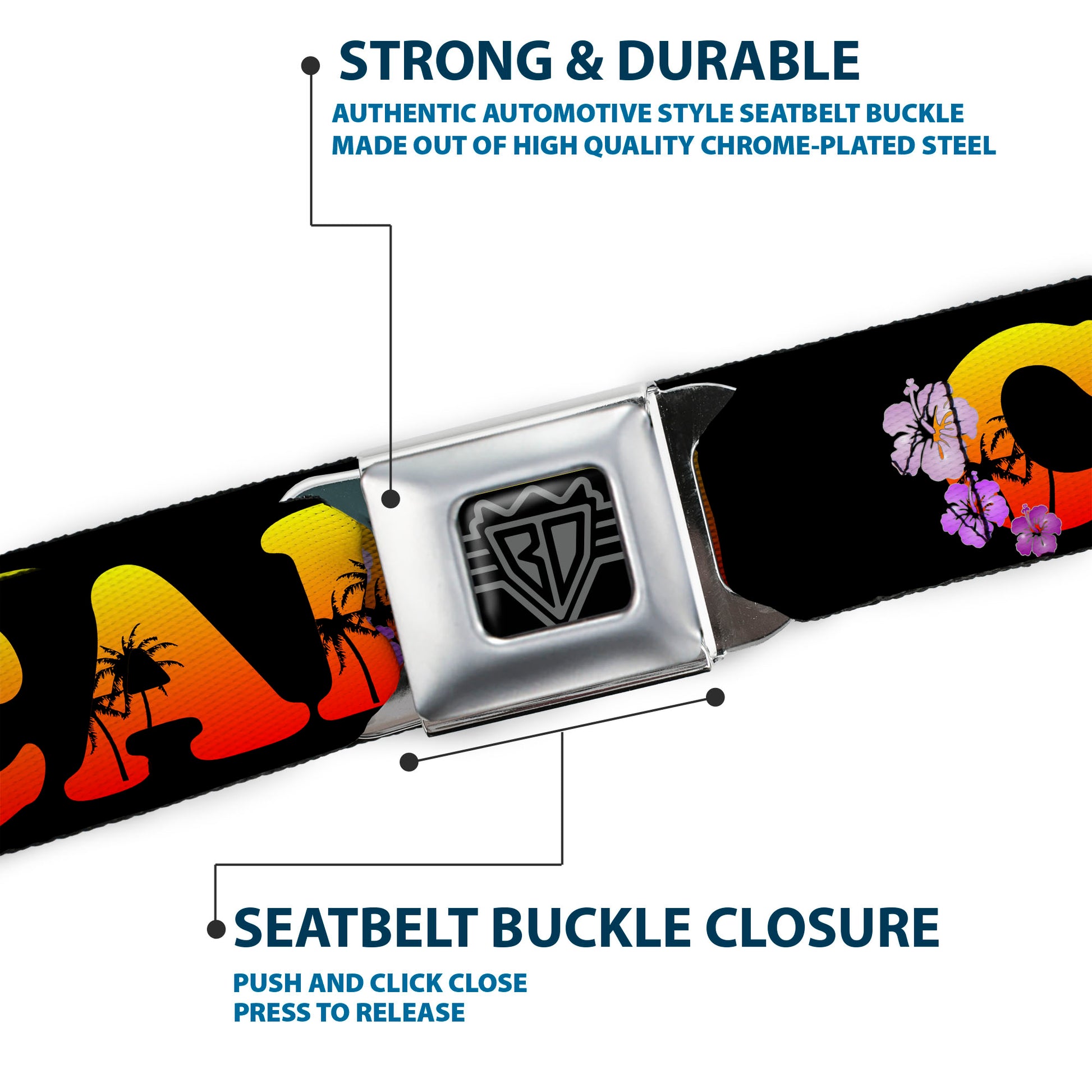 BD Wings Logo CLOSE-UP Full Color Black Silver Seatbelt Belt - CALI Tropical Black/Multi Color Webbing Seatbelt Belts Buckle-Down