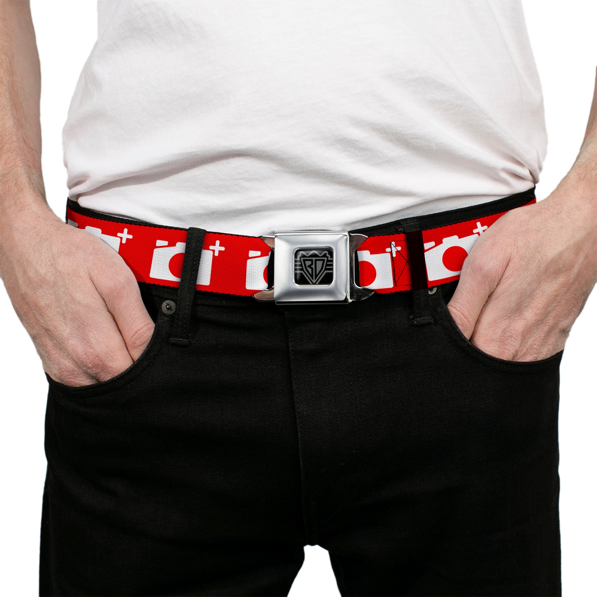 BD Wings Logo CLOSE-UP Full Color Black Silver Seatbelt Belt - Camera Red/White Webbing Seatbelt Belts Buckle-Down