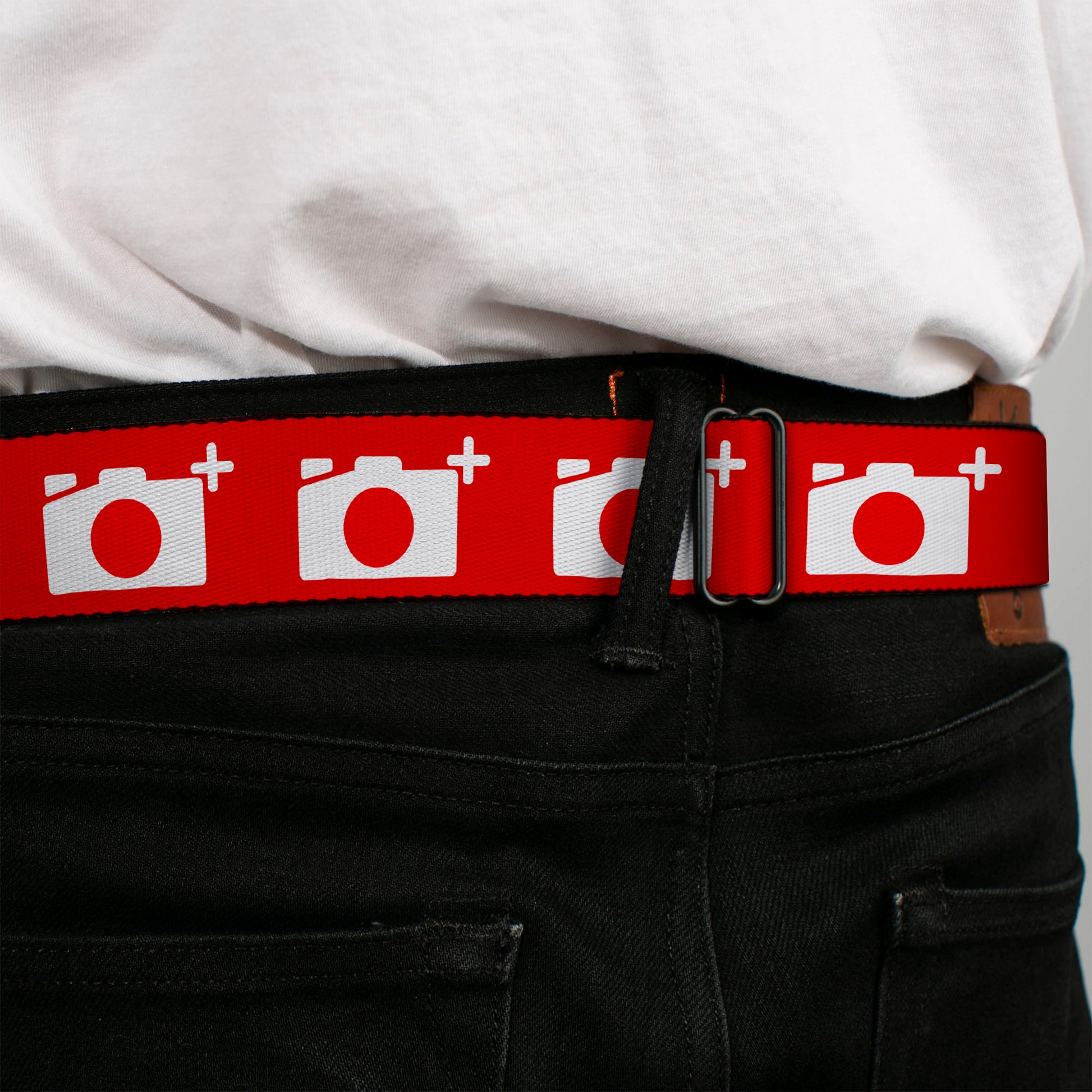 BD Wings Logo CLOSE-UP Full Color Black Silver Seatbelt Belt - Camera Red/White Webbing Seatbelt Belts Buckle-Down