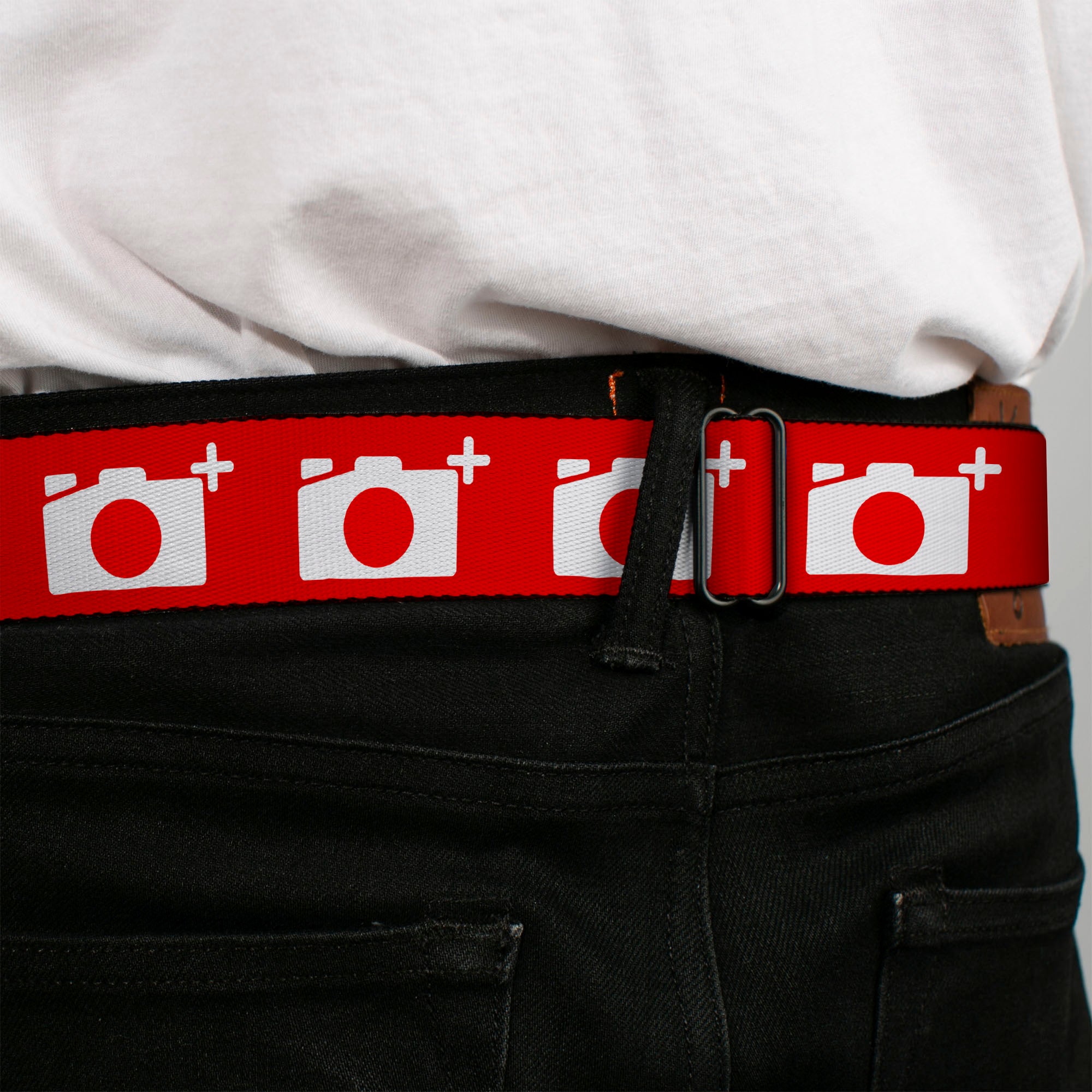 BD Wings Logo CLOSE-UP Full Color Black Silver Seatbelt Belt - Camera Red/White Webbing Seatbelt Belts Buckle-Down