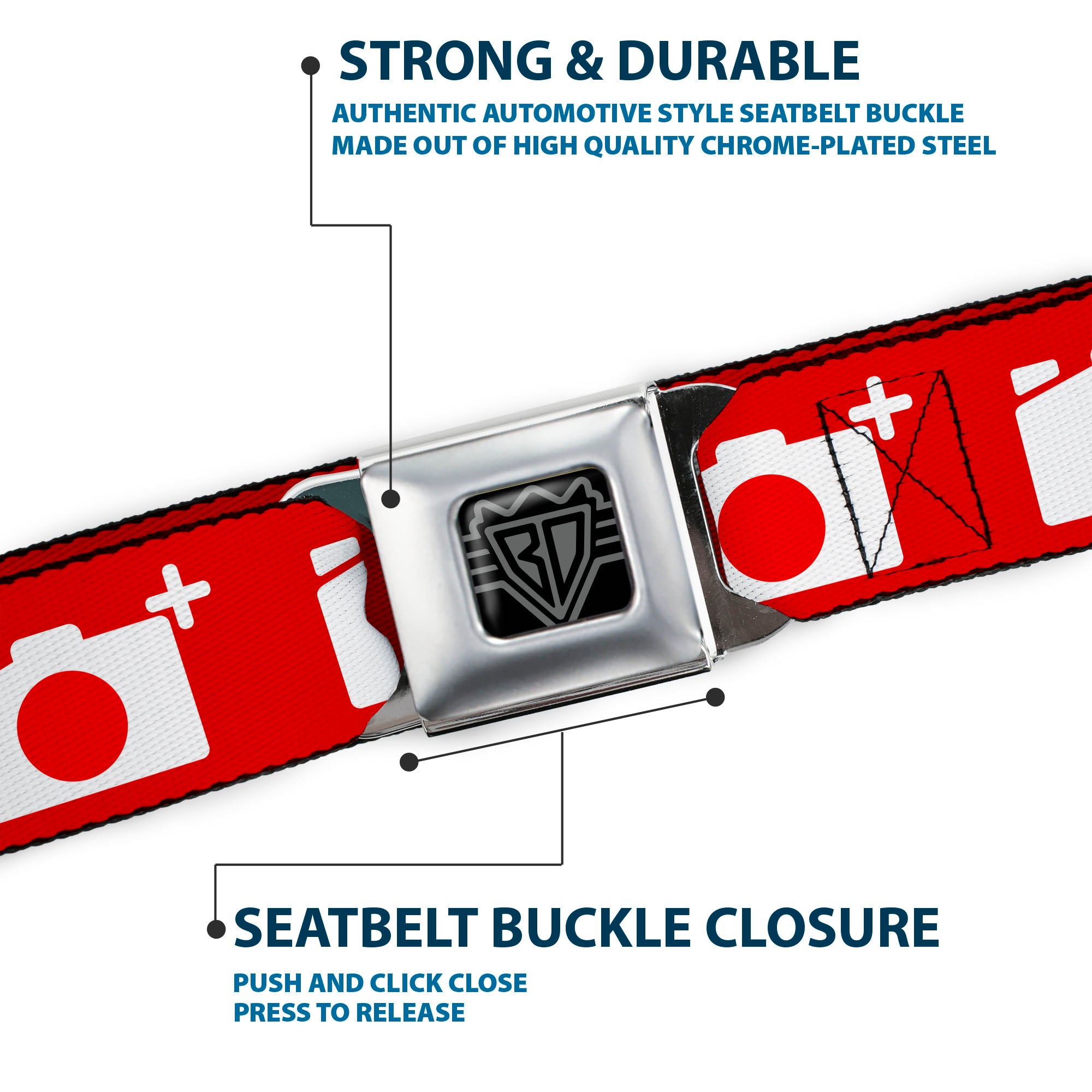 BD Wings Logo CLOSE-UP Full Color Black Silver Seatbelt Belt - Camera Red/White Webbing Seatbelt Belts Buckle-Down