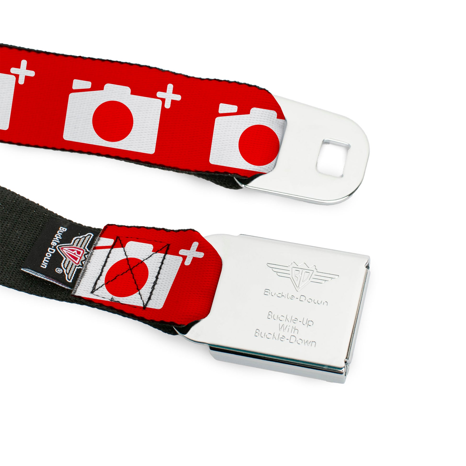 BD Wings Logo CLOSE-UP Full Color Black Silver Seatbelt Belt - Camera Red/White Webbing Seatbelt Belts Buckle-Down