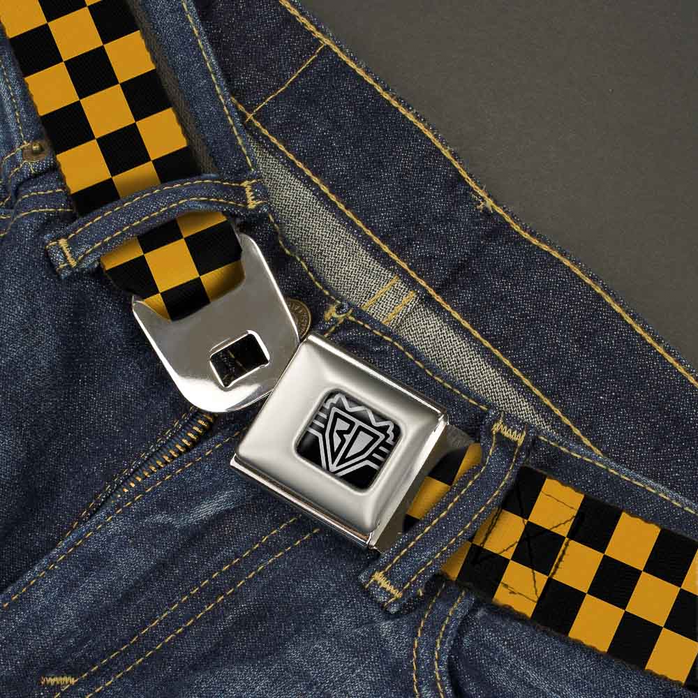 BD Wings Logo CLOSE-UP Full Color Black Silver Seatbelt Belt - Checker Black/Gold Webbing Seatbelt Belts Buckle-Down