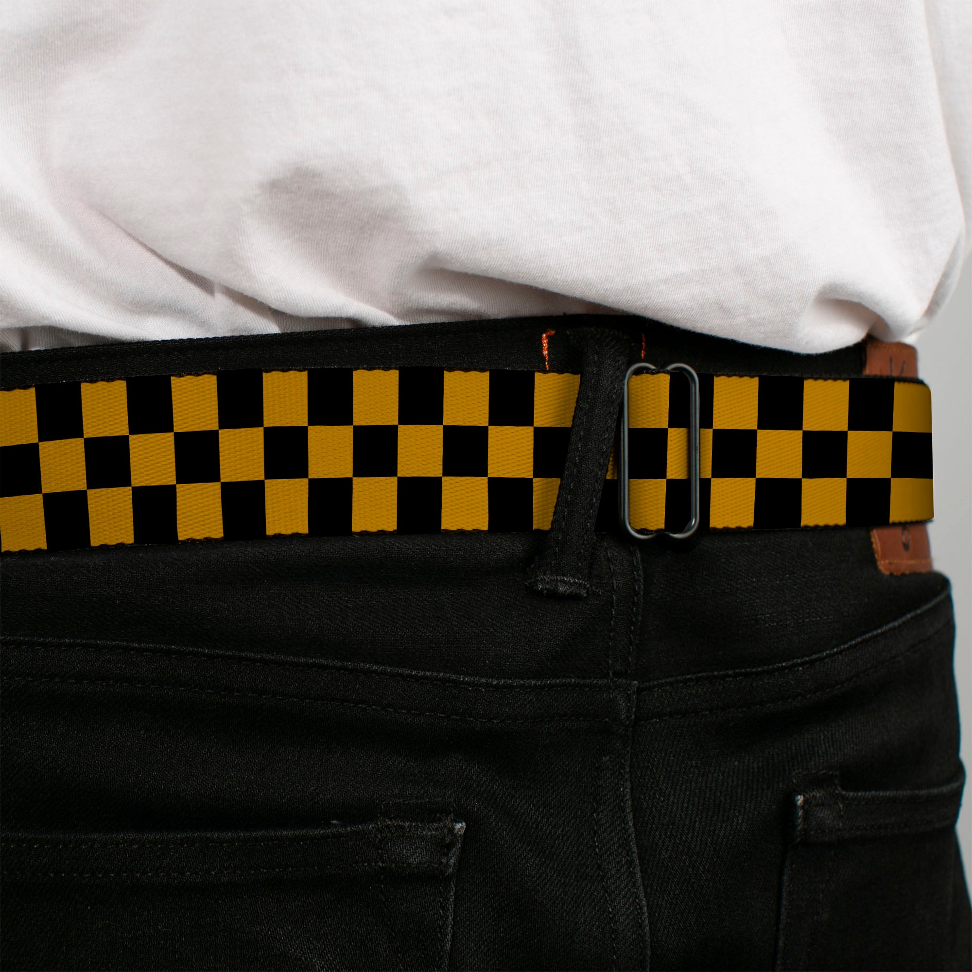 BD Wings Logo CLOSE-UP Full Color Black Silver Seatbelt Belt - Checker Black/Gold Webbing Seatbelt Belts Buckle-Down