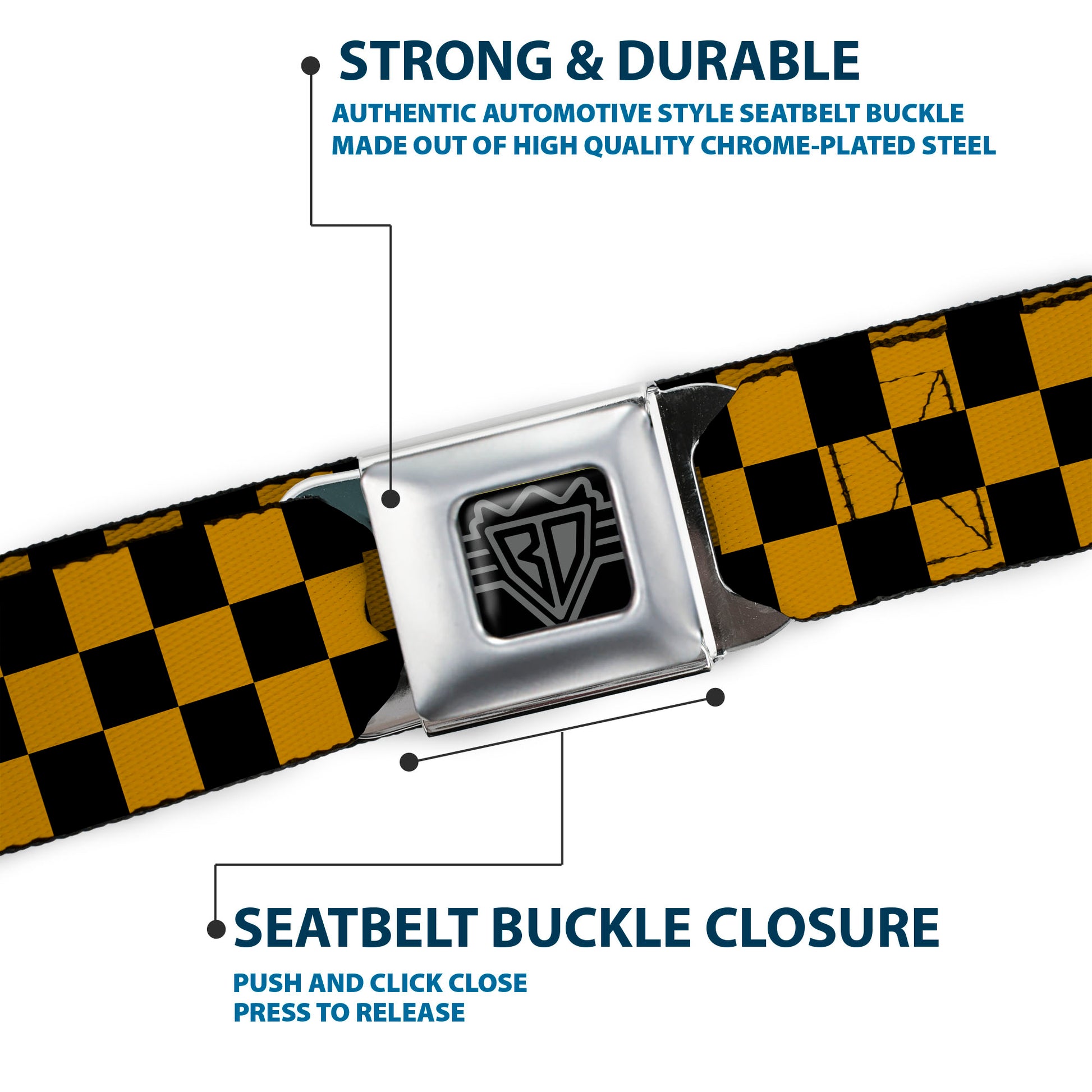 BD Wings Logo CLOSE-UP Full Color Black Silver Seatbelt Belt - Checker Black/Gold Webbing Seatbelt Belts Buckle-Down