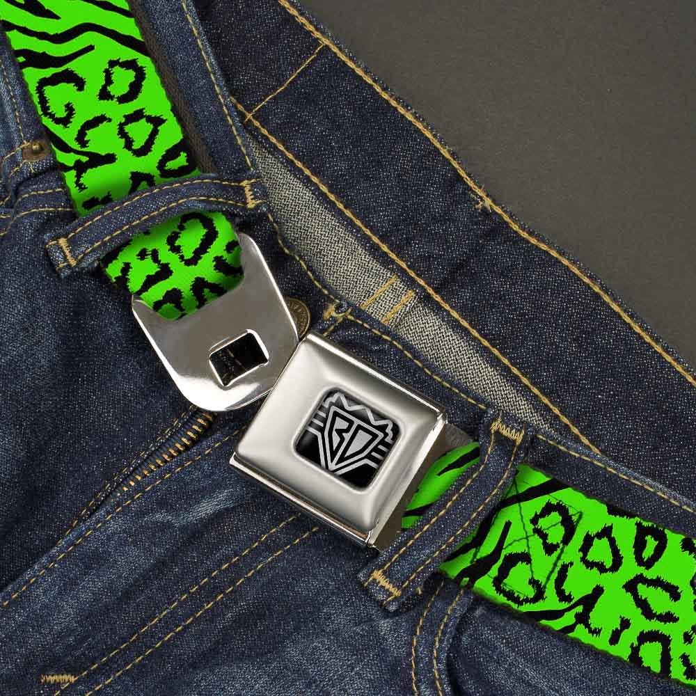 BD Wings Logo CLOSE-UP Full Color Black Silver Seatbelt Belt - Cheebra Green/Black Webbing Seatbelt Belts Buckle-Down