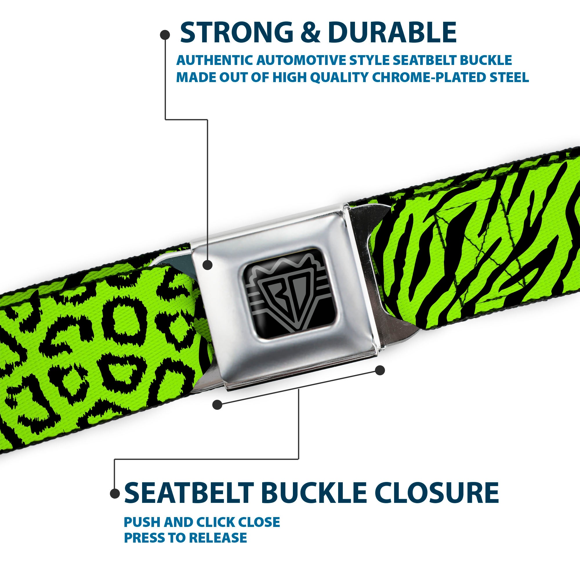 BD Wings Logo CLOSE-UP Full Color Black Silver Seatbelt Belt - Cheebra Green/Black Webbing Seatbelt Belts Buckle-Down
