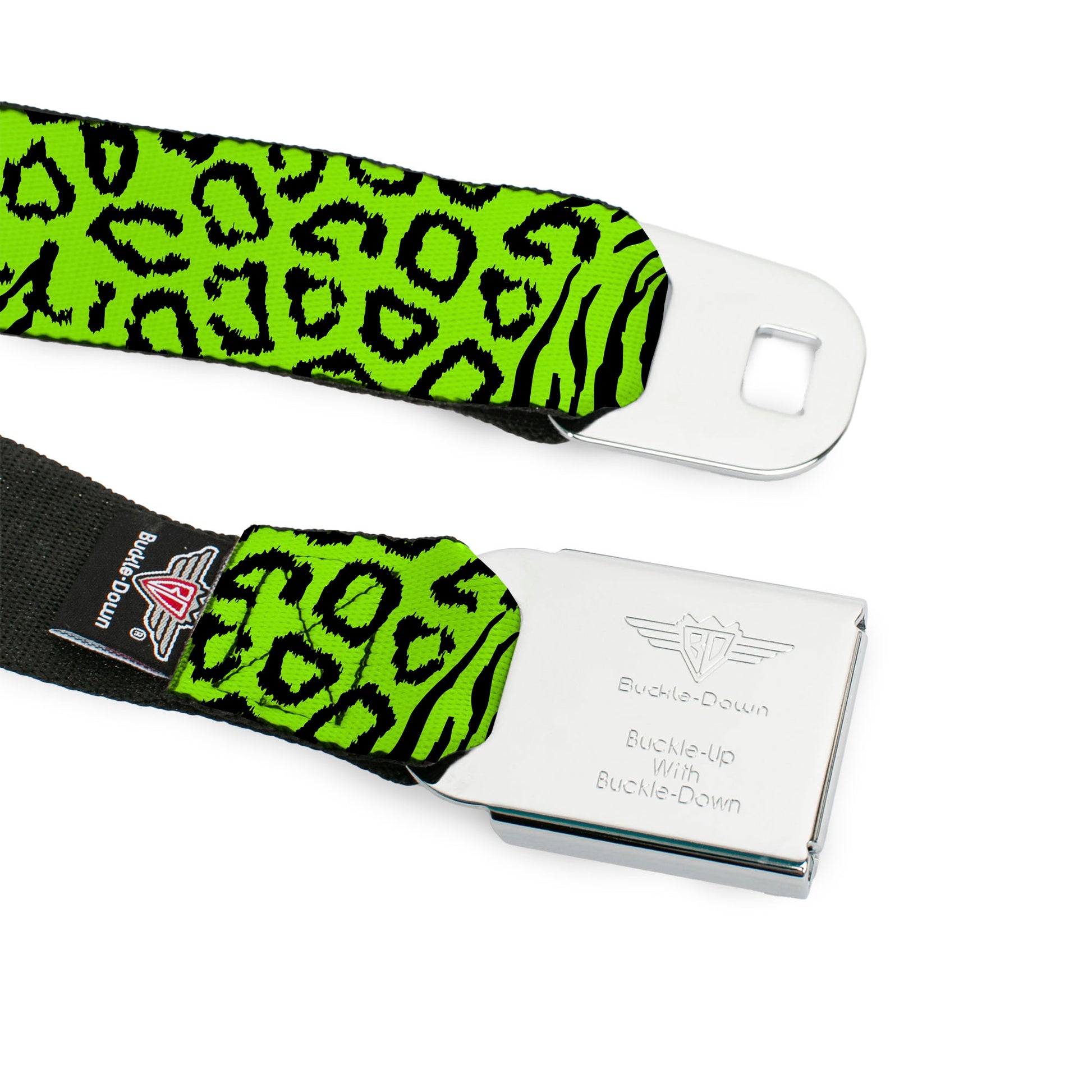 BD Wings Logo CLOSE-UP Full Color Black Silver Seatbelt Belt - Cheebra Green/Black Webbing Seatbelt Belts Buckle-Down