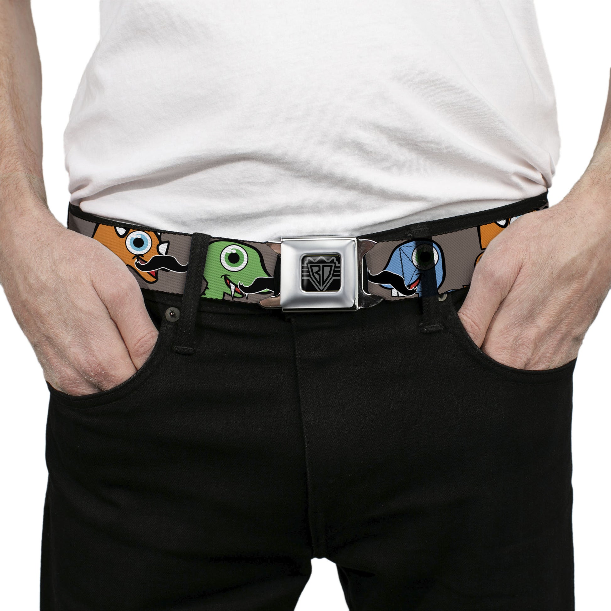 BD Wings Logo CLOSE-UP Full Color Black Silver Seatbelt Belt - Cute Dinosaurs w/Mustaches Gray Webbing Seatbelt Belts Buckle-Down