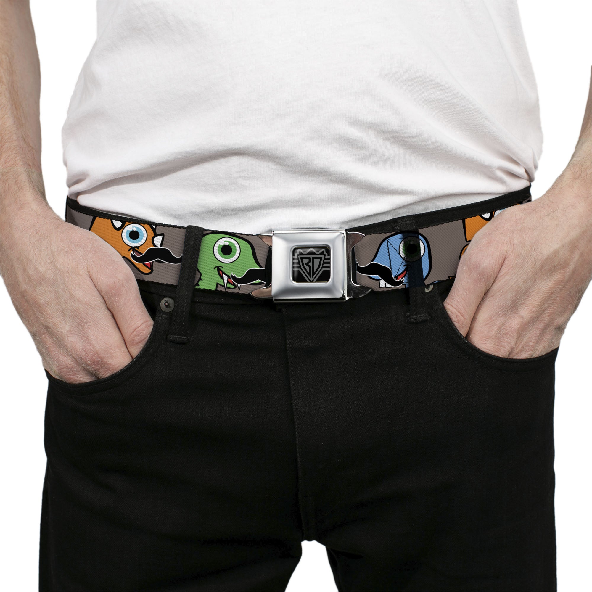 BD Wings Logo CLOSE-UP Full Color Black Silver Seatbelt Belt - Cute Dinosaurs w/Mustaches Gray Webbing Seatbelt Belts Buckle-Down