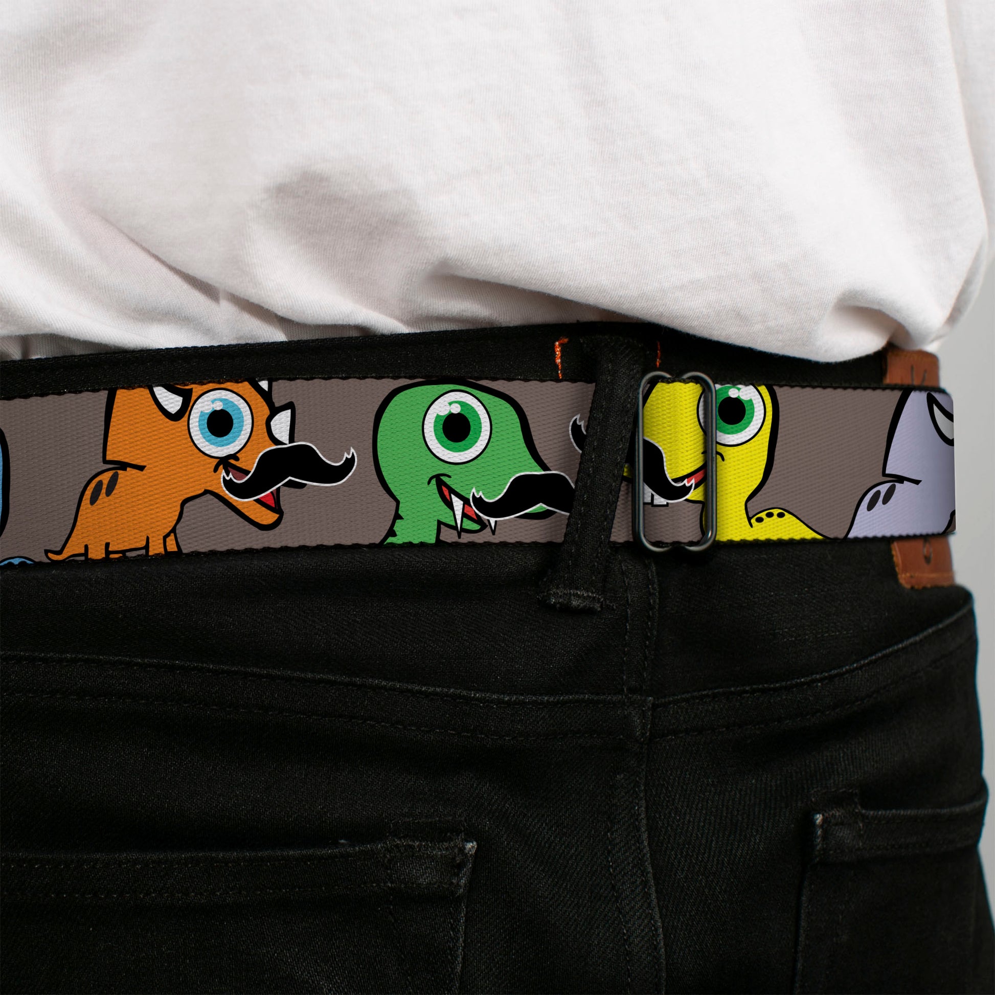 BD Wings Logo CLOSE-UP Full Color Black Silver Seatbelt Belt - Cute Dinosaurs w/Mustaches Gray Webbing Seatbelt Belts Buckle-Down