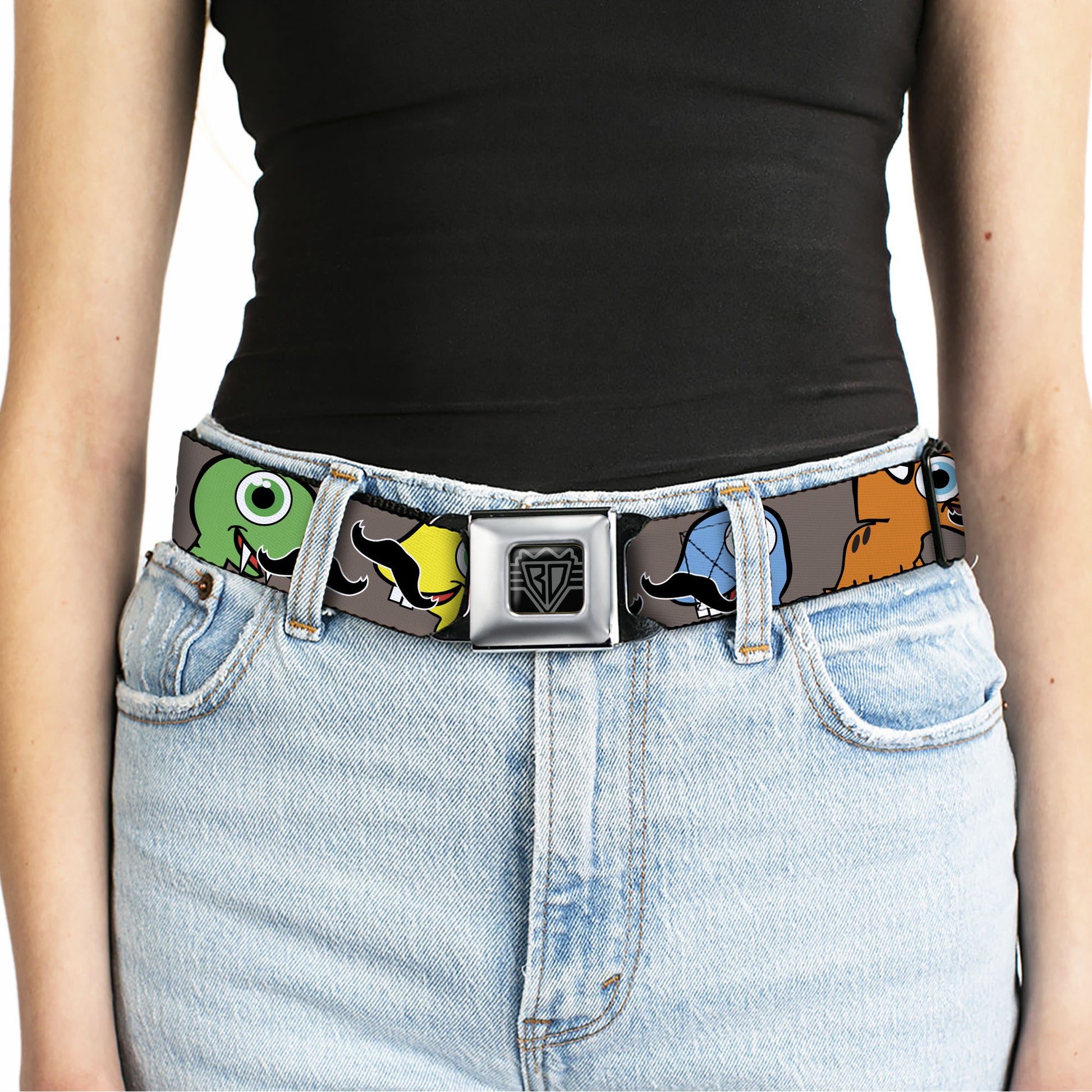 BD Wings Logo CLOSE-UP Full Color Black Silver Seatbelt Belt - Cute Dinosaurs w/Mustaches Gray Webbing Seatbelt Belts Buckle-Down