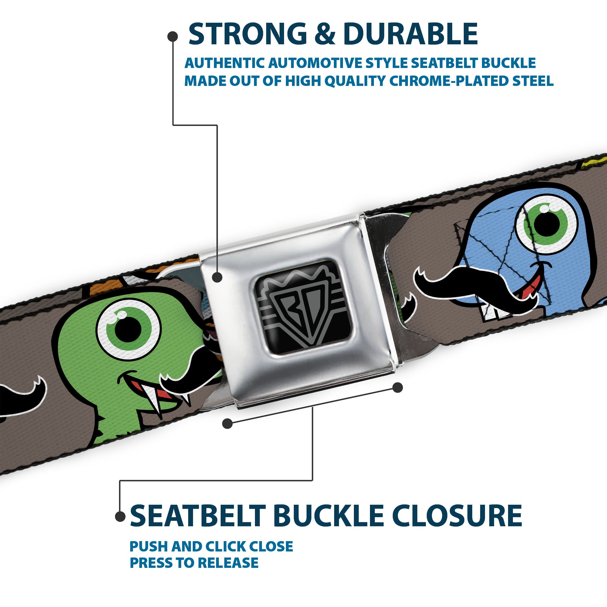 BD Wings Logo CLOSE-UP Full Color Black Silver Seatbelt Belt - Cute Dinosaurs w/Mustaches Gray Webbing Seatbelt Belts Buckle-Down