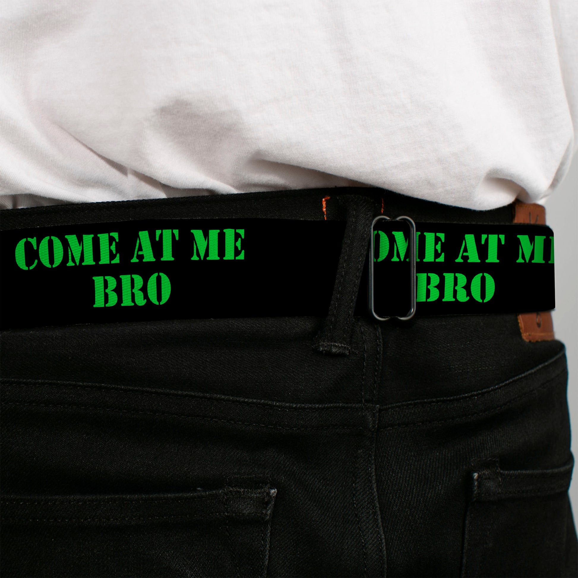 BD Wings Logo CLOSE-UP Full Color Black Silver Seatbelt Belt - COME AT ME-BRO Black/Green Stencil Webbing Seatbelt Belts Buckle-Down