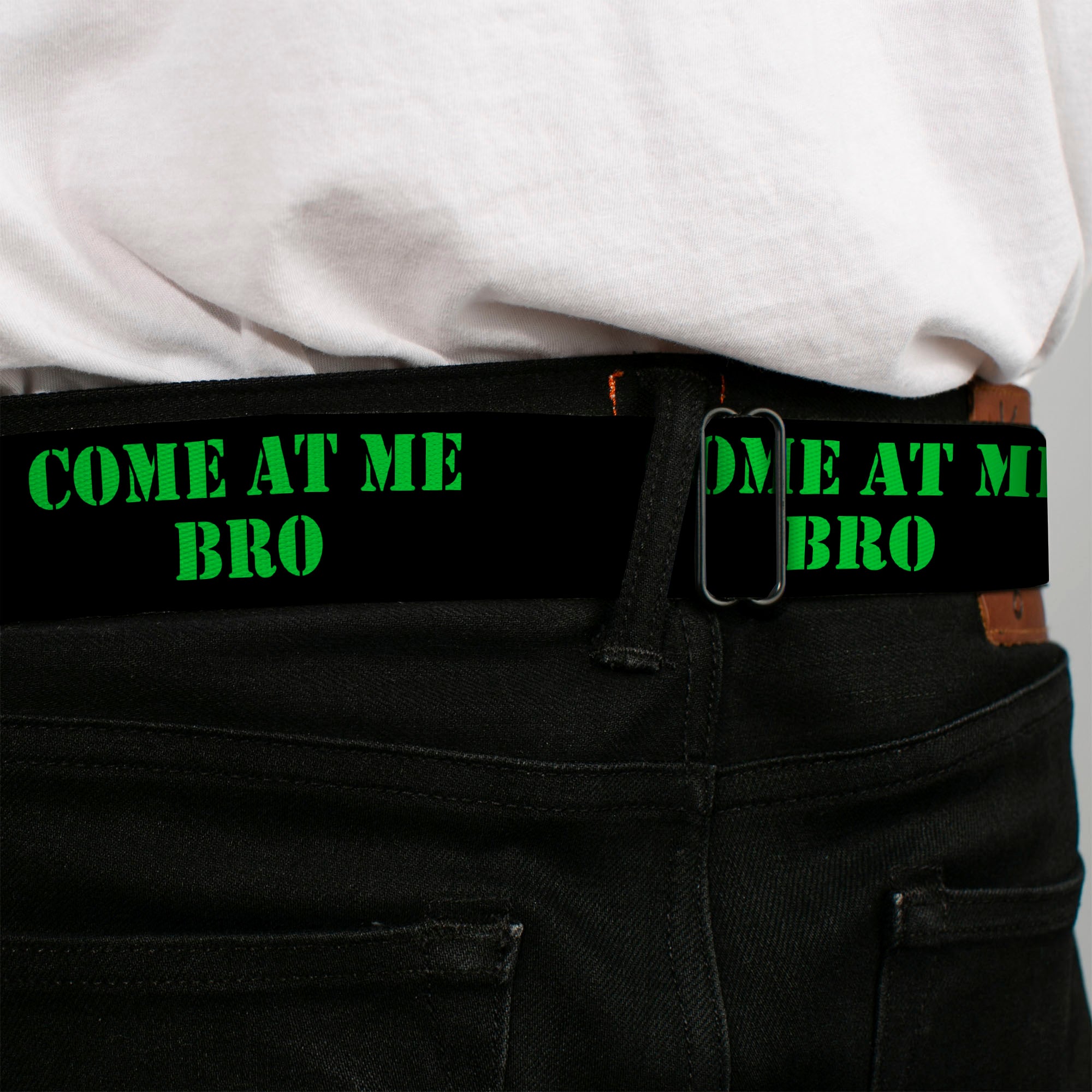 BD Wings Logo CLOSE-UP Full Color Black Silver Seatbelt Belt - COME AT ME-BRO Black/Green Stencil Webbing Seatbelt Belts Buckle-Down