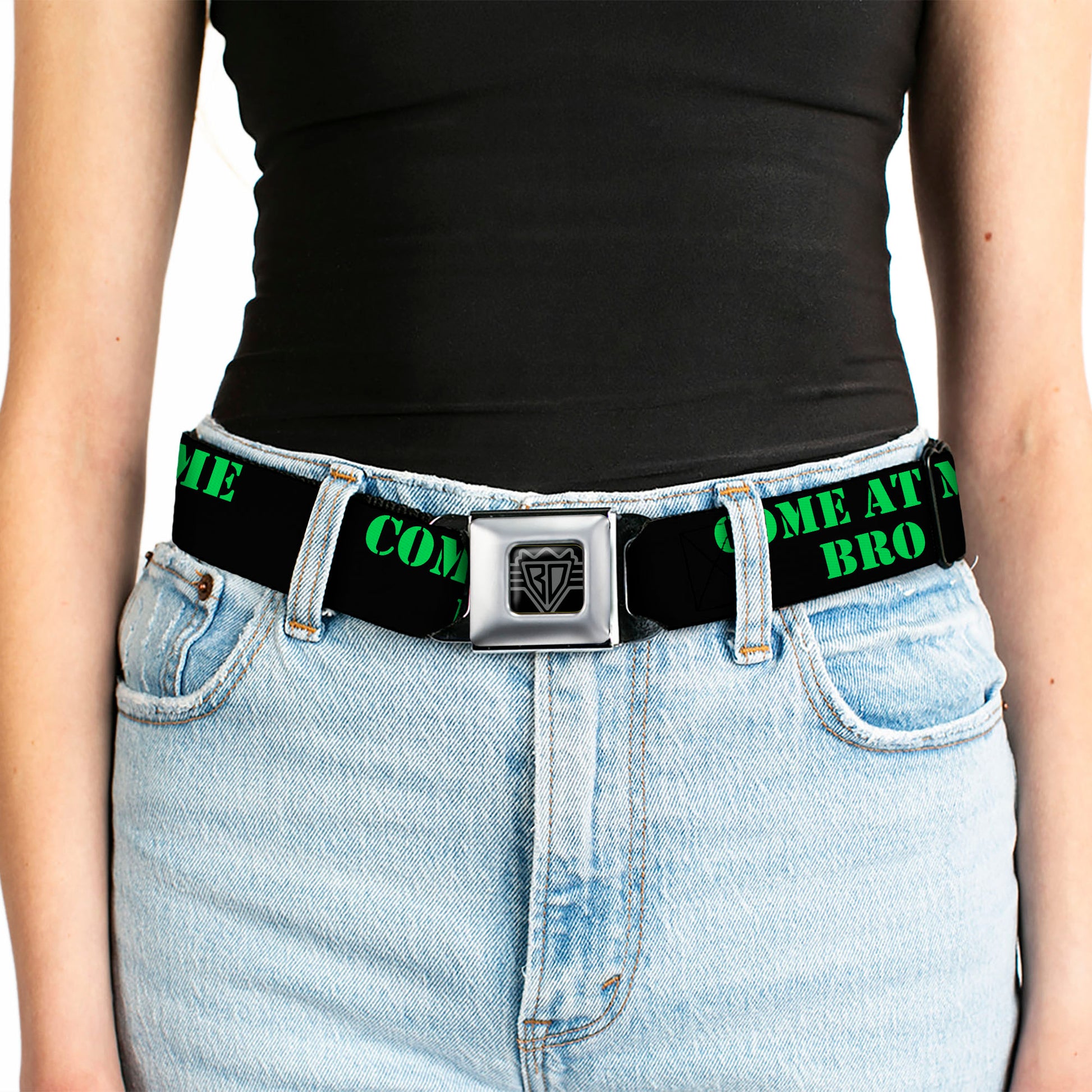 BD Wings Logo CLOSE-UP Full Color Black Silver Seatbelt Belt - COME AT ME-BRO Black/Green Stencil Webbing Seatbelt Belts Buckle-Down