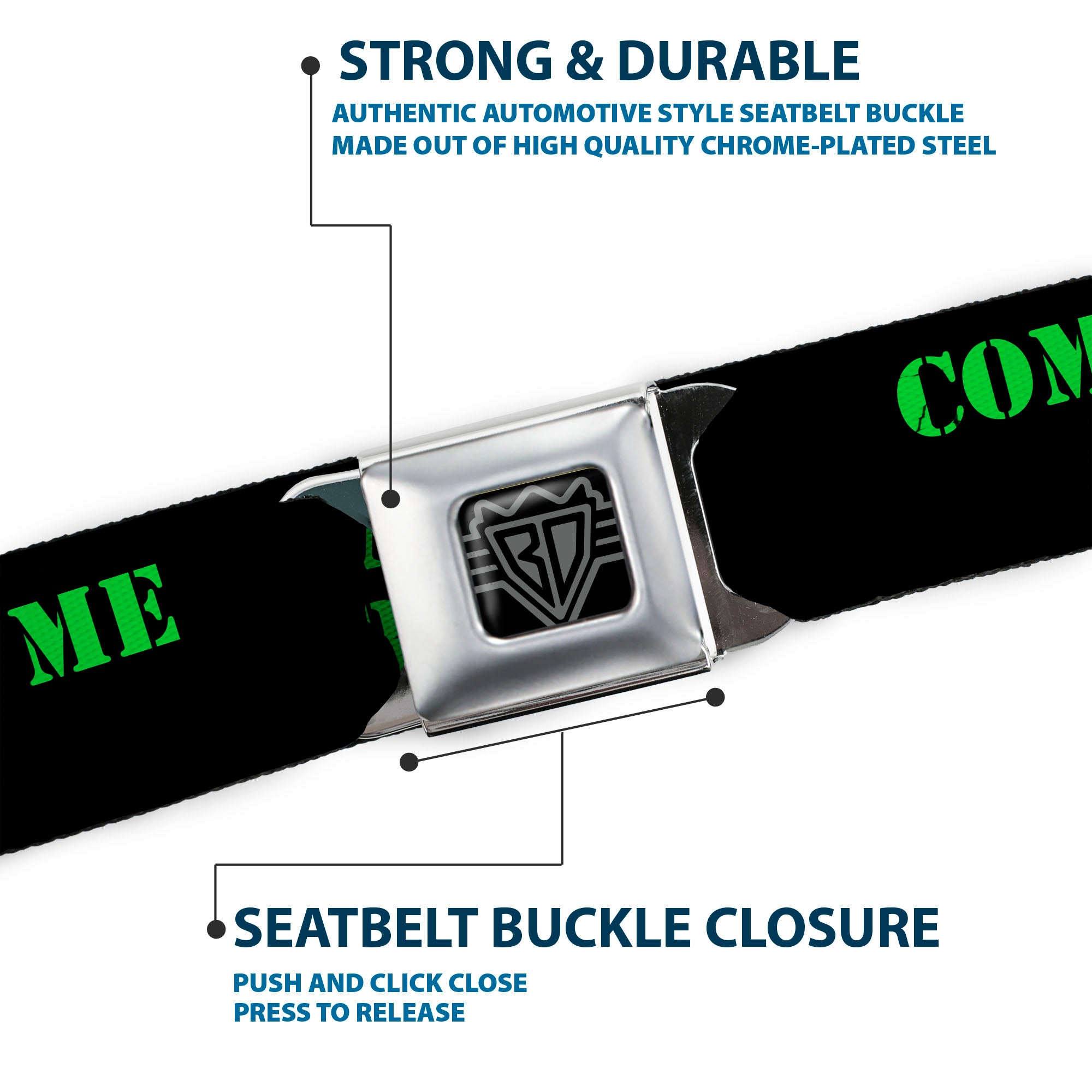 BD Wings Logo CLOSE-UP Full Color Black Silver Seatbelt Belt - COME AT ME-BRO Black/Green Stencil Webbing Seatbelt Belts Buckle-Down