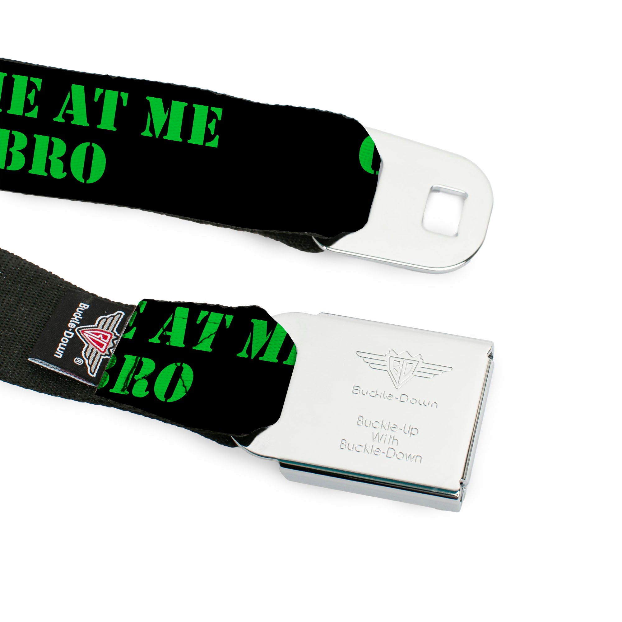 BD Wings Logo CLOSE-UP Full Color Black Silver Seatbelt Belt - COME AT ME-BRO Black/Green Stencil Webbing Seatbelt Belts Buckle-Down