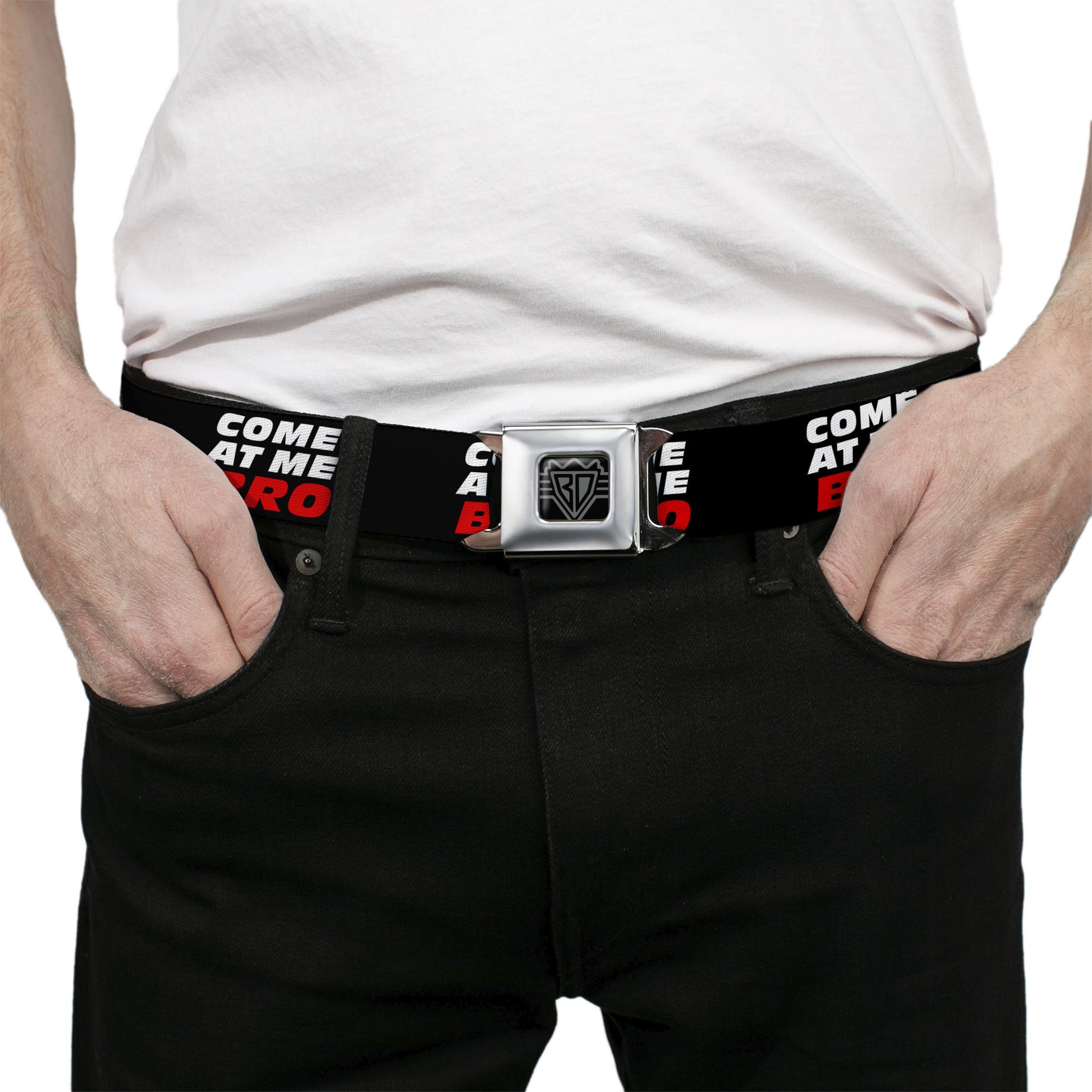BD Wings Logo CLOSE-UP Full Color Black Silver Seatbelt Belt - COME-AT ME-BRO Black/White/Red Webbing Seatbelt Belts Buckle-Down