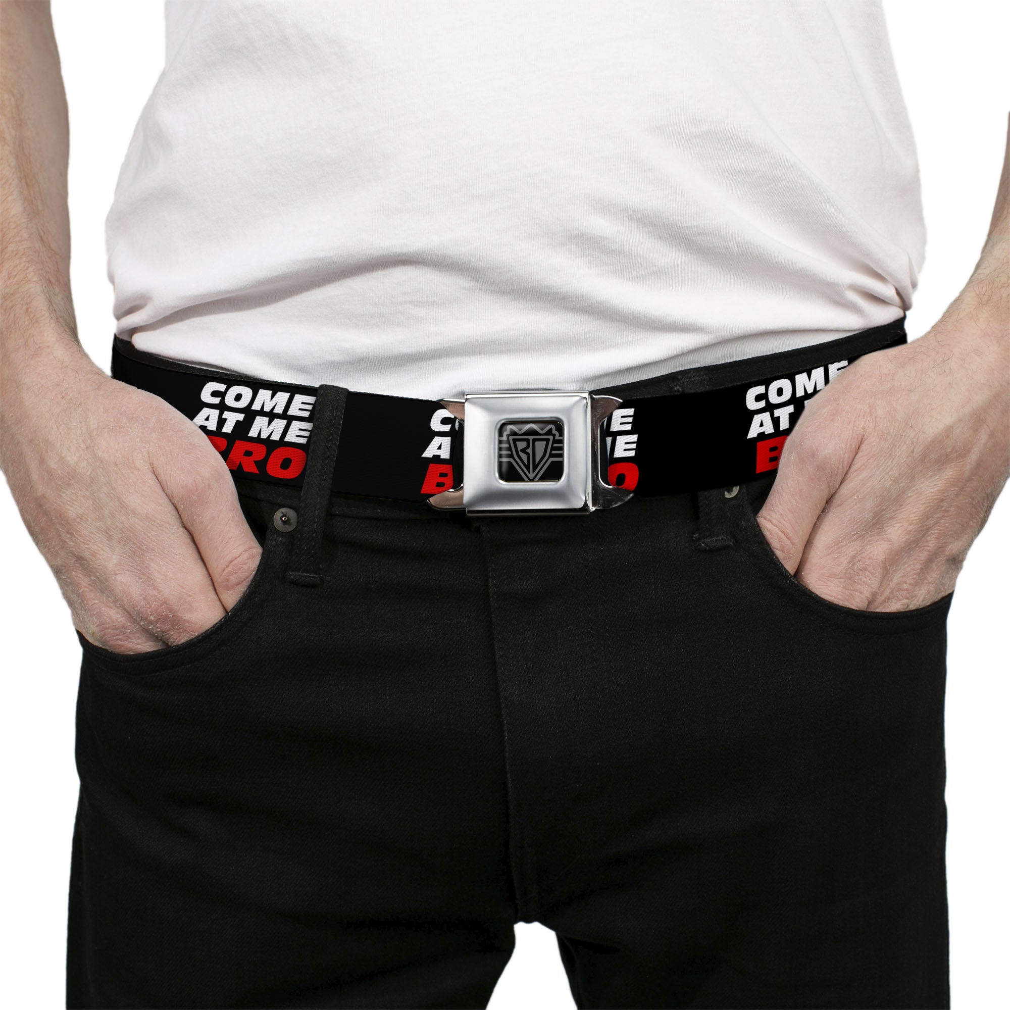 BD Wings Logo CLOSE-UP Full Color Black Silver Seatbelt Belt - COME-AT ME-BRO Black/White/Red Webbing Seatbelt Belts Buckle-Down