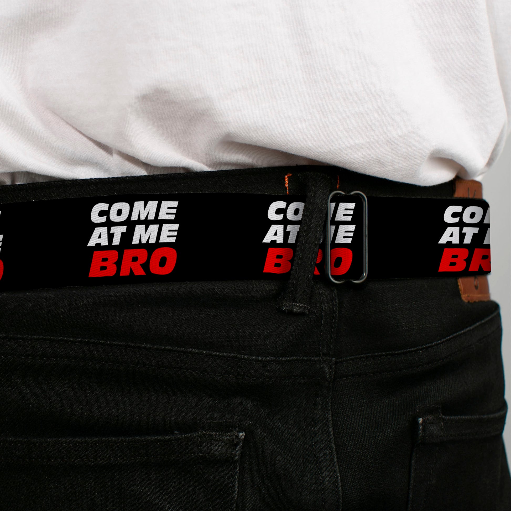 BD Wings Logo CLOSE-UP Full Color Black Silver Seatbelt Belt - COME-AT ME-BRO Black/White/Red Webbing Seatbelt Belts Buckle-Down