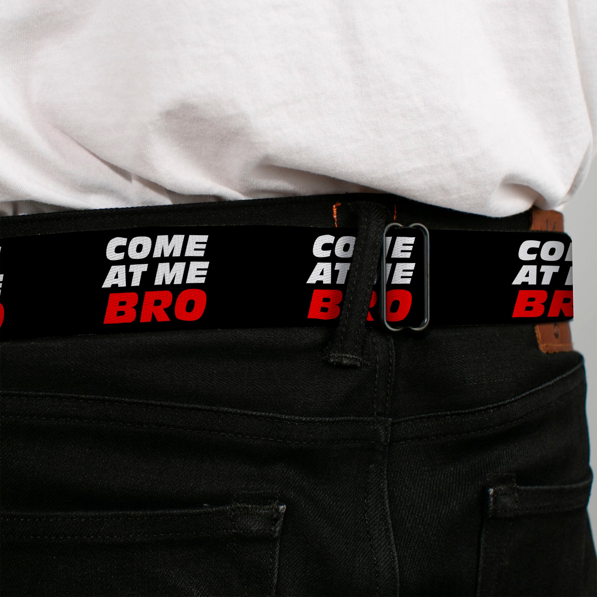 BD Wings Logo CLOSE-UP Full Color Black Silver Seatbelt Belt - COME-AT ME-BRO Black/White/Red Webbing Seatbelt Belts Buckle-Down