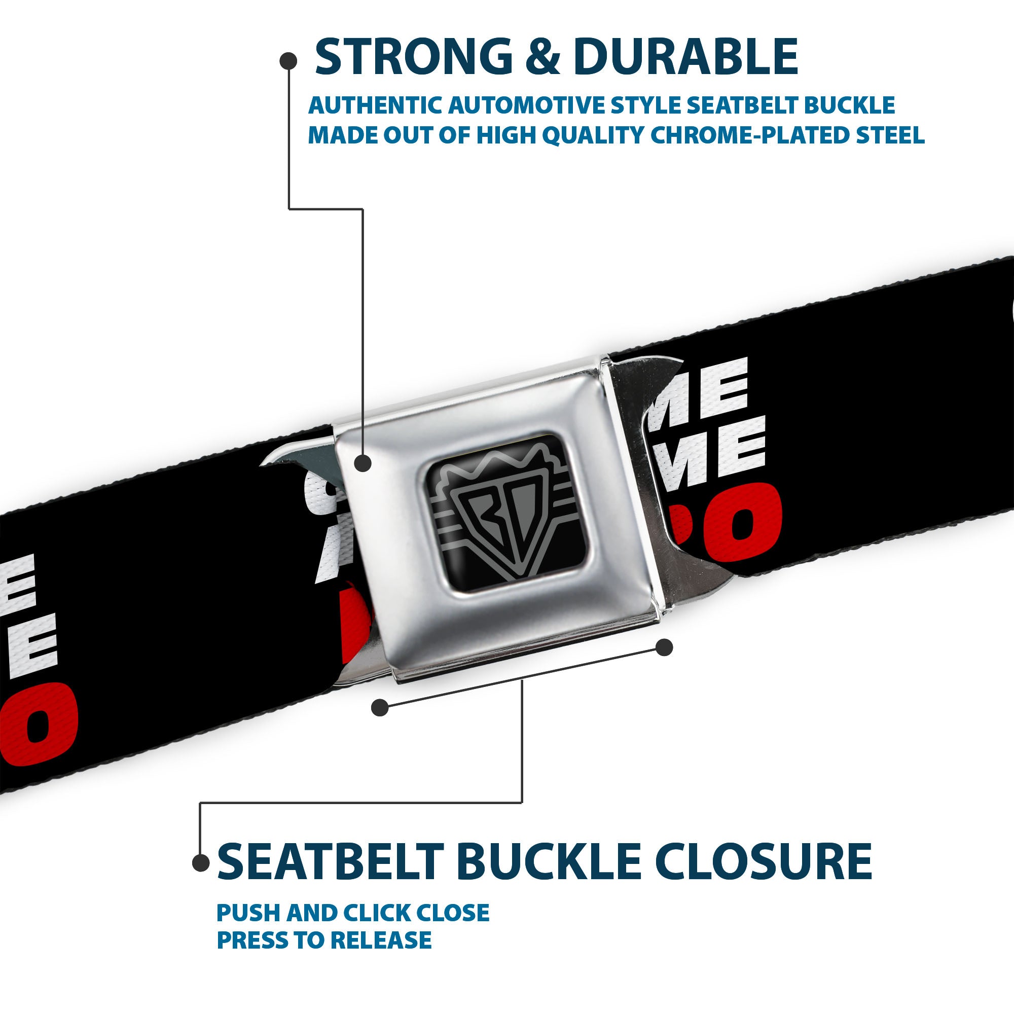 BD Wings Logo CLOSE-UP Full Color Black Silver Seatbelt Belt - COME-AT ME-BRO Black/White/Red Webbing Seatbelt Belts Buckle-Down