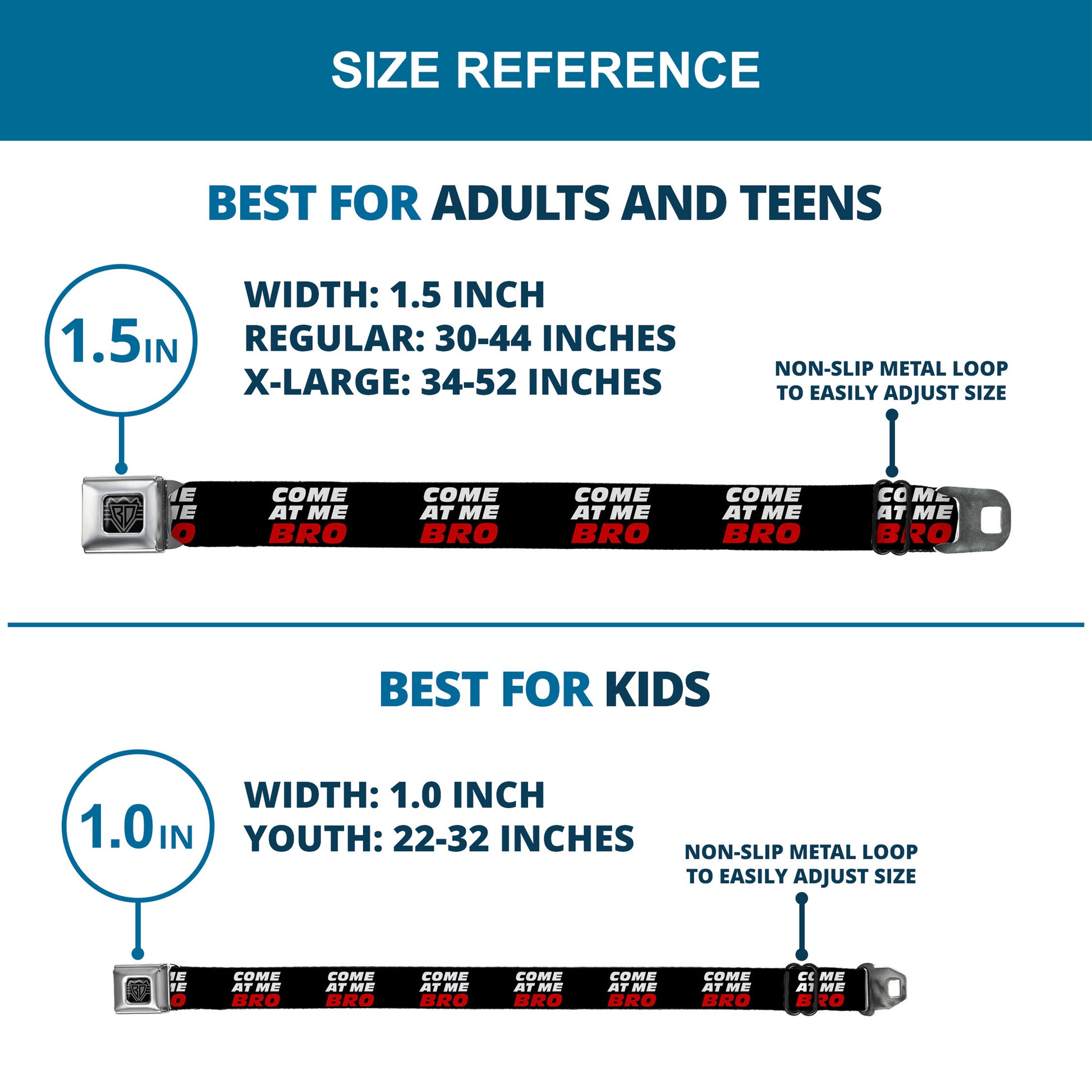 BD Wings Logo CLOSE-UP Full Color Black Silver Seatbelt Belt - COME-AT ME-BRO Black/White/Red Webbing Seatbelt Belts Buckle-Down