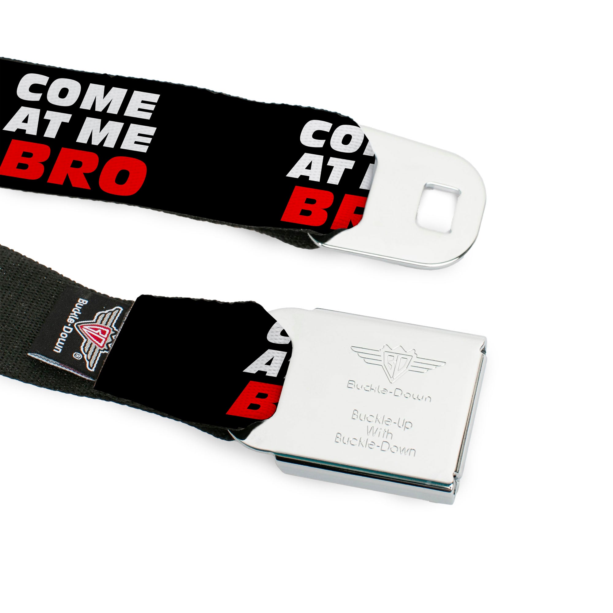 BD Wings Logo CLOSE-UP Full Color Black Silver Seatbelt Belt - COME-AT ME-BRO Black/White/Red Webbing Seatbelt Belts Buckle-Down