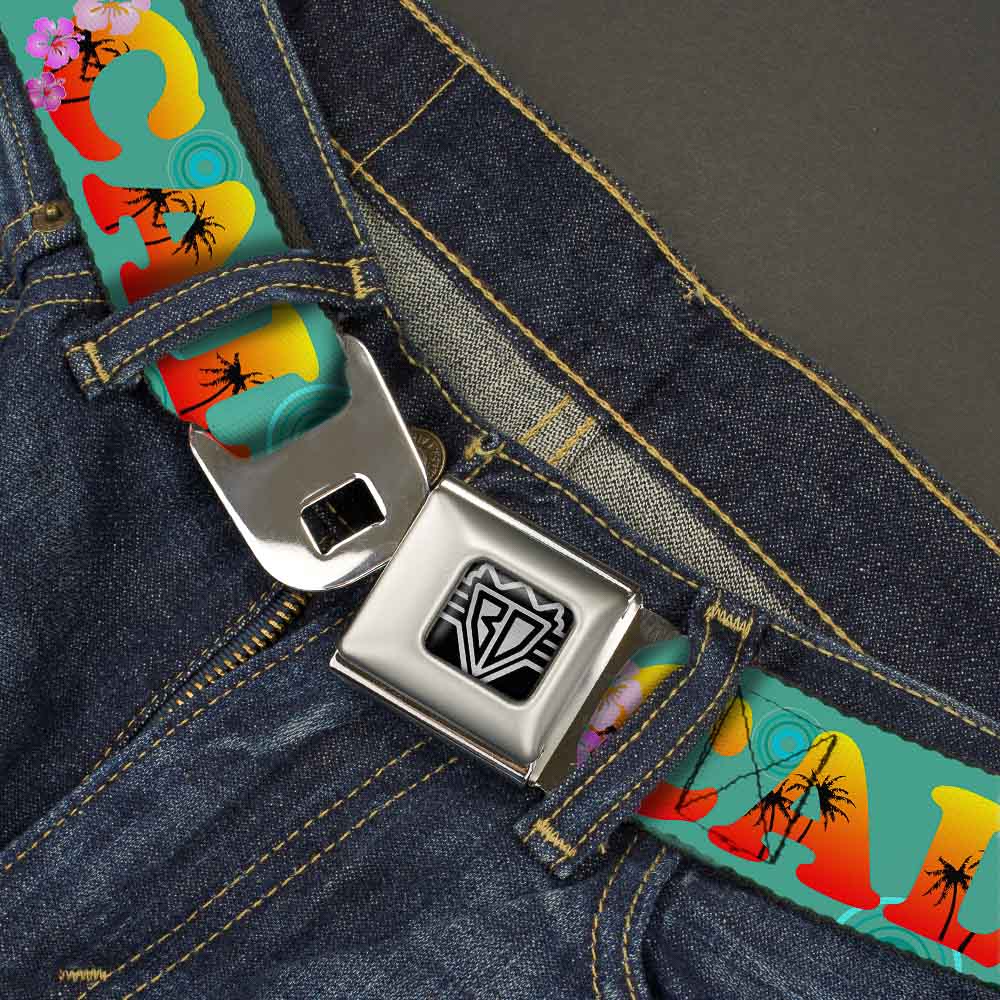 BD Wings Logo CLOSE-UP Full Color Black Silver Seatbelt Belt - CALI Tropical Aqua/Multi Color Webbing Seatbelt Belts Buckle-Down