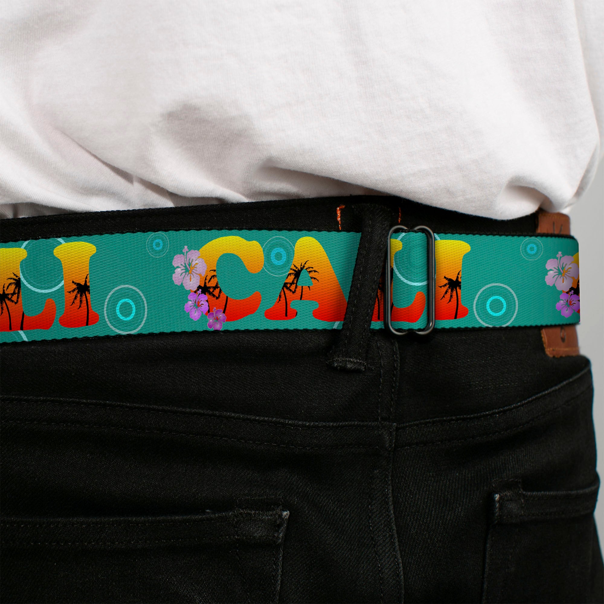 BD Wings Logo CLOSE-UP Full Color Black Silver Seatbelt Belt - CALI Tropical Aqua/Multi Color Webbing Seatbelt Belts Buckle-Down