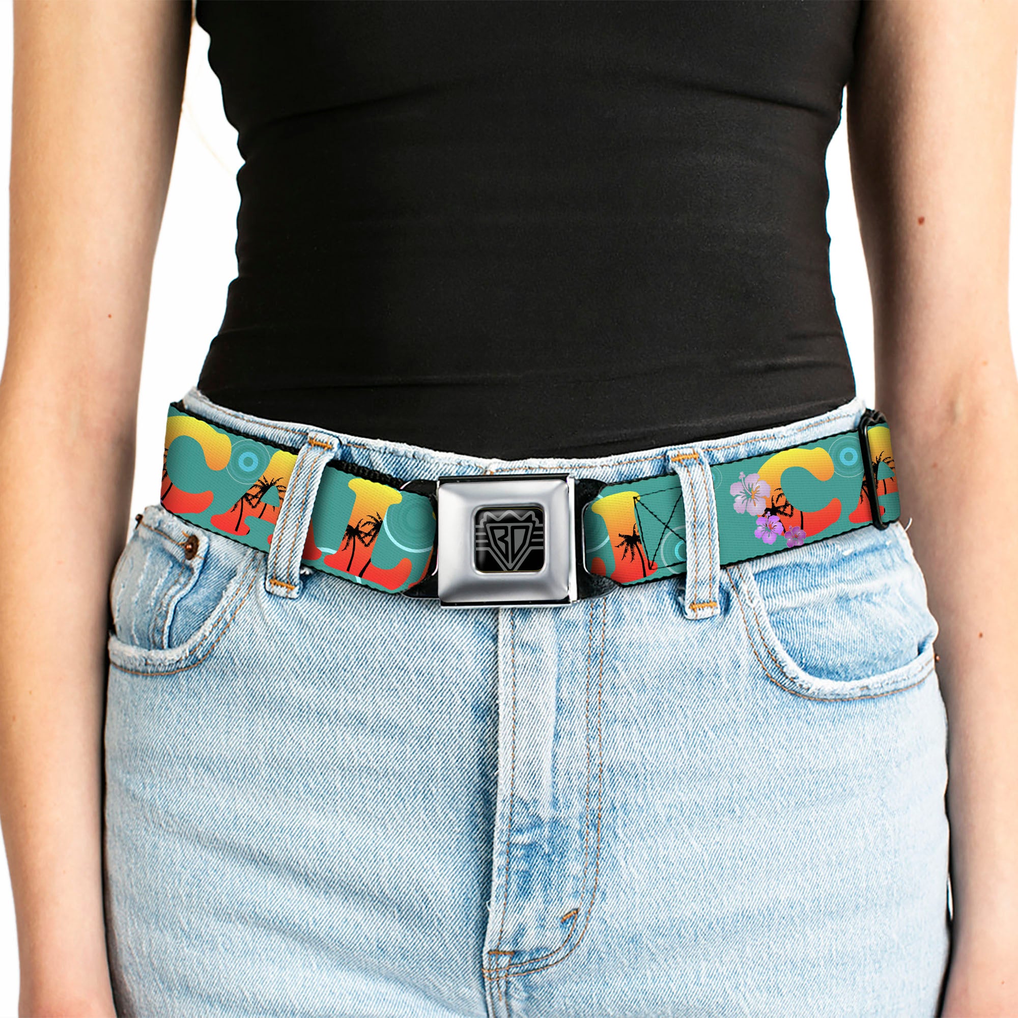 BD Wings Logo CLOSE-UP Full Color Black Silver Seatbelt Belt - CALI Tropical Aqua/Multi Color Webbing Seatbelt Belts Buckle-Down