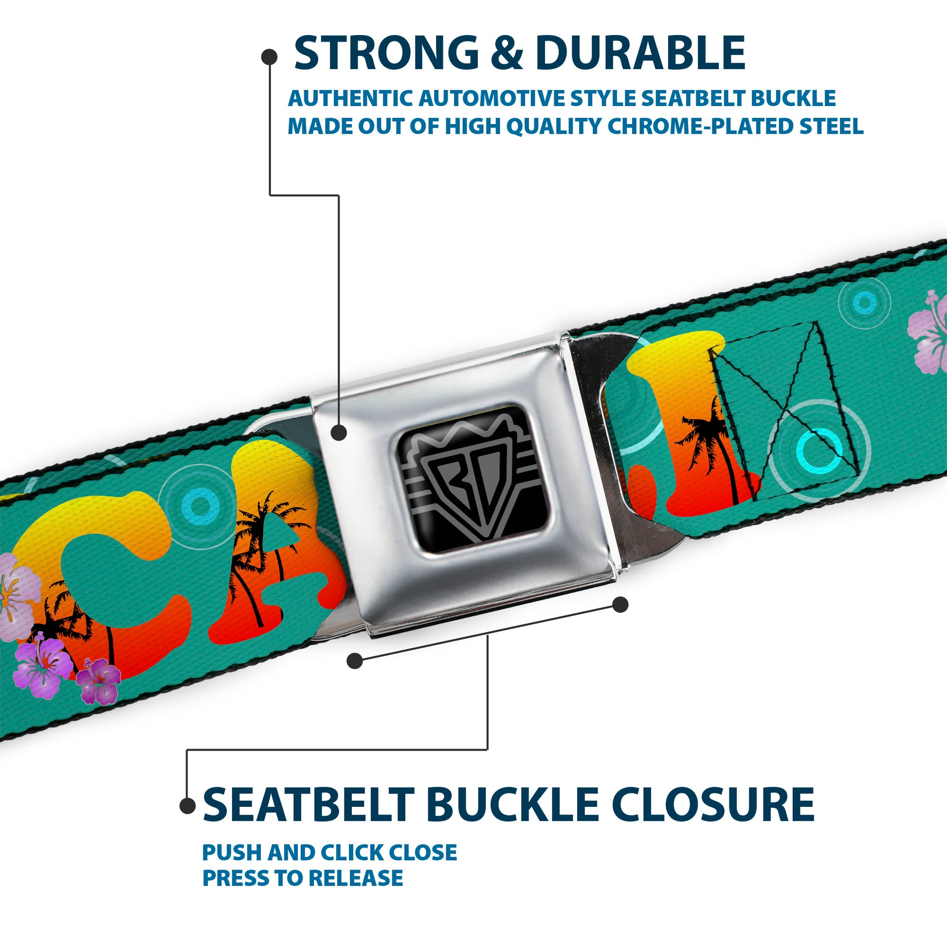 BD Wings Logo CLOSE-UP Full Color Black Silver Seatbelt Belt - CALI Tropical Aqua/Multi Color Webbing Seatbelt Belts Buckle-Down