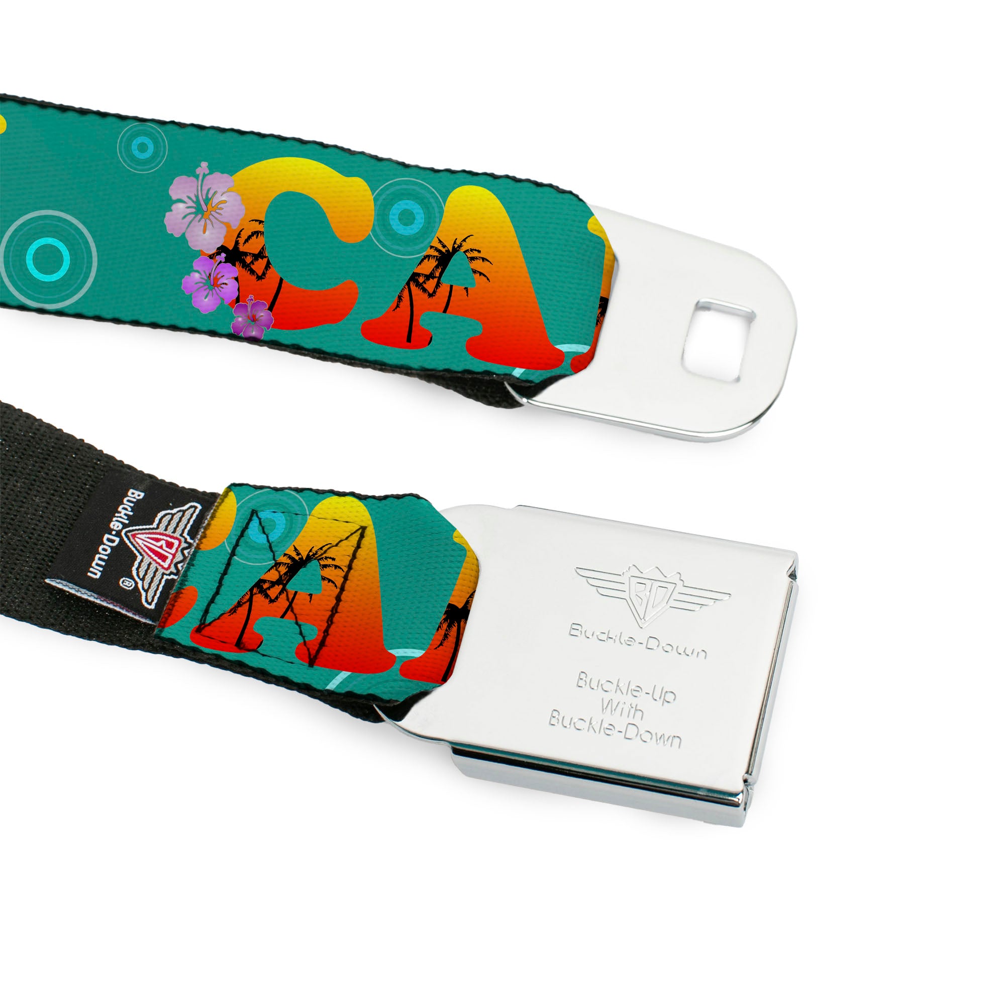 BD Wings Logo CLOSE-UP Full Color Black Silver Seatbelt Belt - CALI Tropical Aqua/Multi Color Webbing Seatbelt Belts Buckle-Down