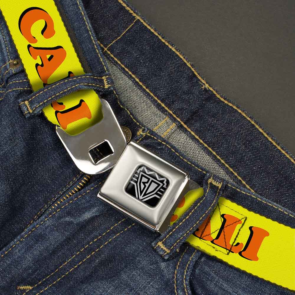 BD Wings Logo CLOSE-UP Full Color Black Silver Seatbelt Belt - CALI Yellow/Orange Webbing Seatbelt Belts Buckle-Down