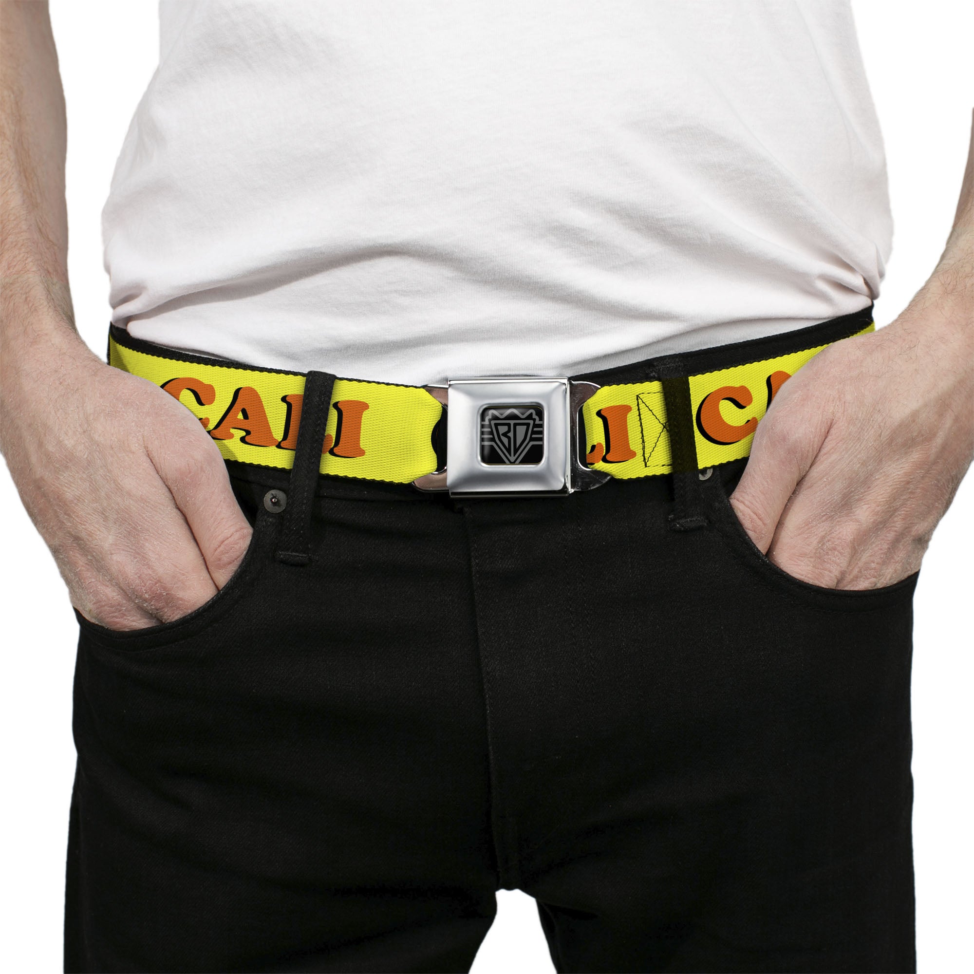 BD Wings Logo CLOSE-UP Full Color Black Silver Seatbelt Belt - CALI Yellow/Orange Webbing Seatbelt Belts Buckle-Down