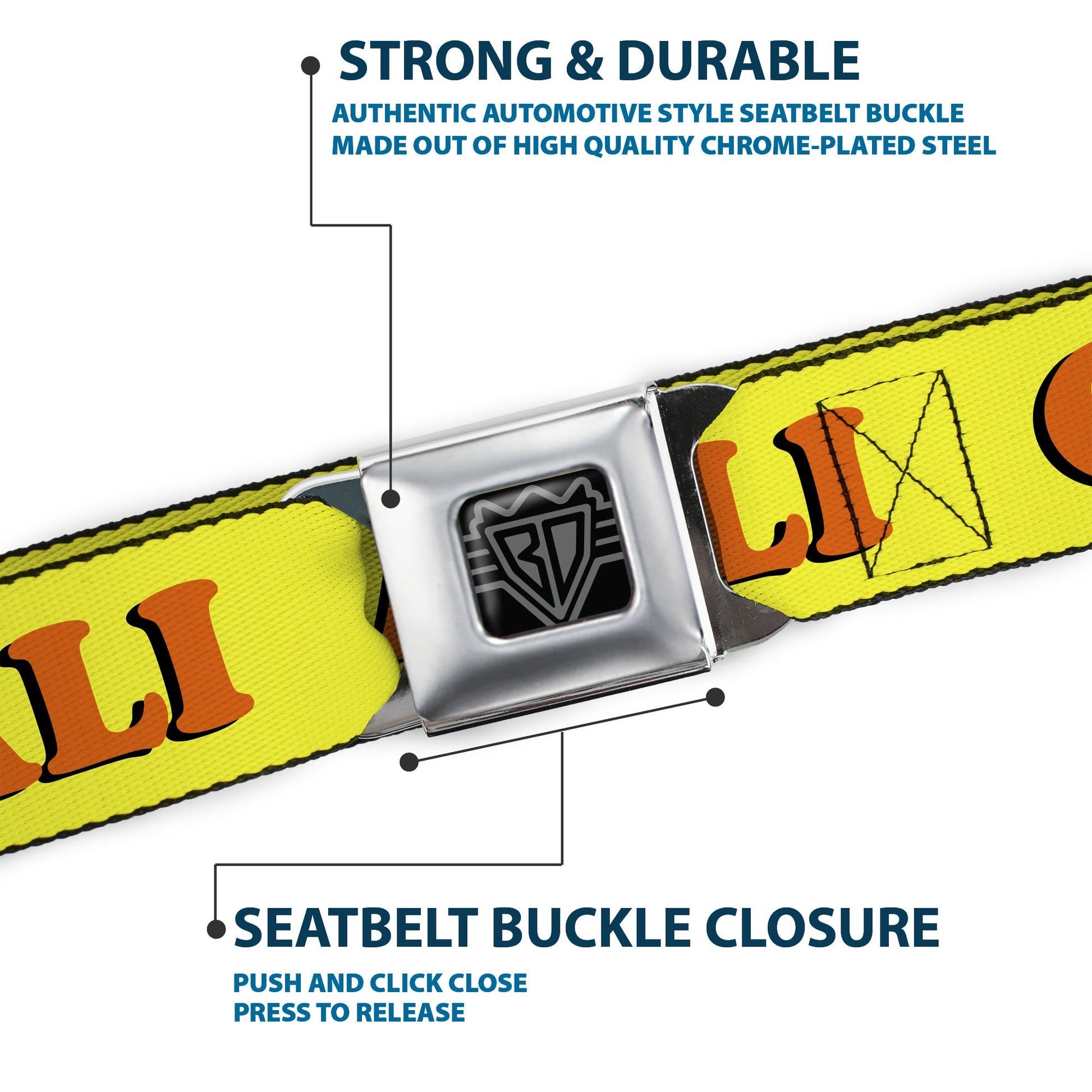 BD Wings Logo CLOSE-UP Full Color Black Silver Seatbelt Belt - CALI Yellow/Orange Webbing Seatbelt Belts Buckle-Down